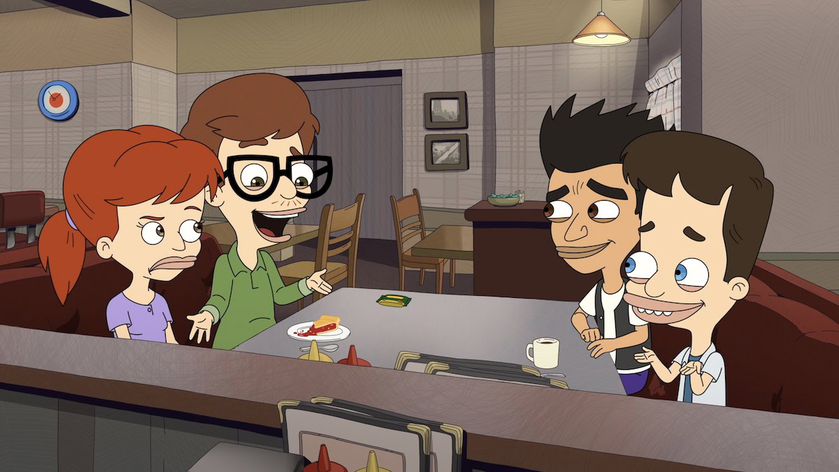 Jessi Glaser, Andrew Glouberman, Jay Bilzerian, and Nick Birch at a diner in Big Mouth - best netflix teen shows