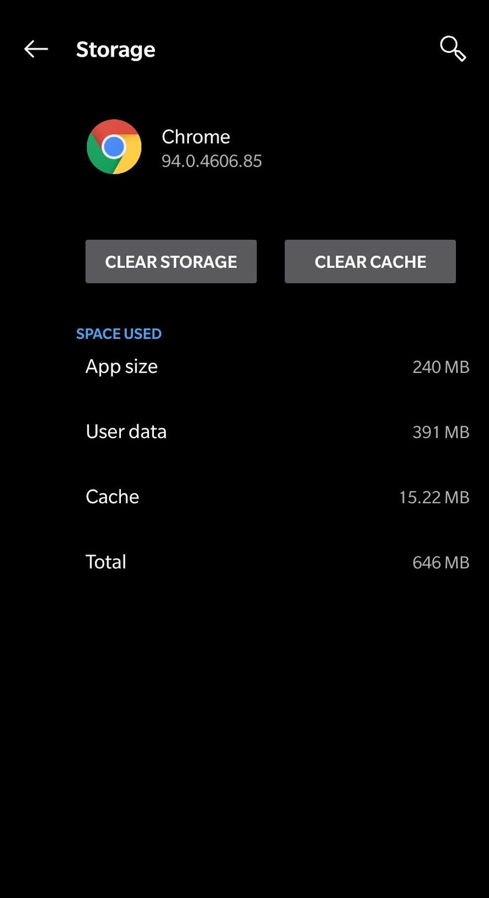 Chrome storage information on Android phone with Clear Cache option.