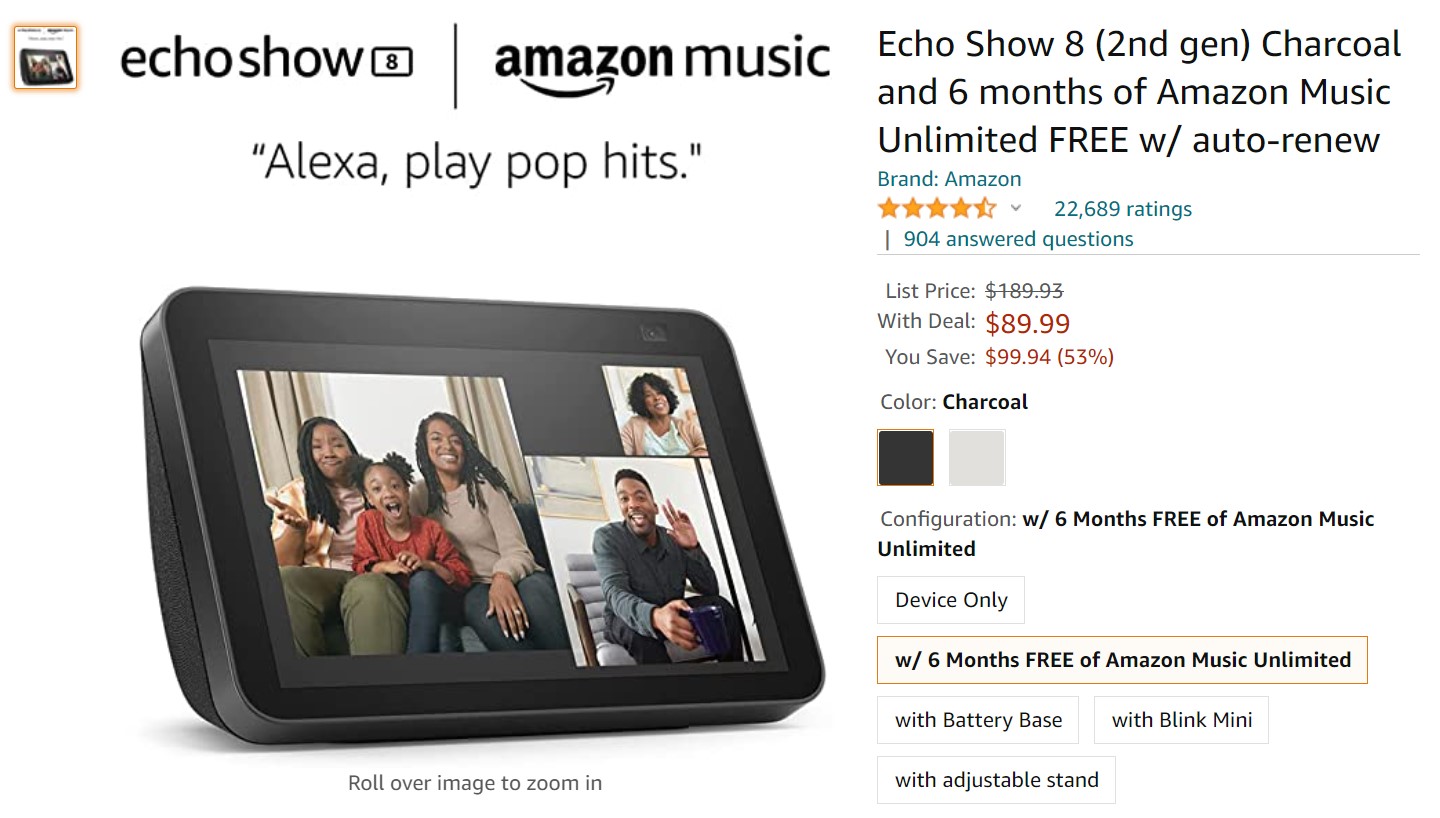 Echo Show 8 2nd gen and 6 months of Amazon Music Unlimited Deal