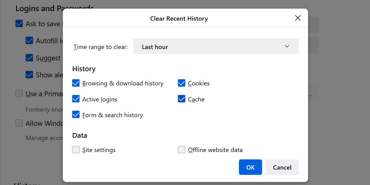Clear Recent History menu in the Mozilla Firefox browser.