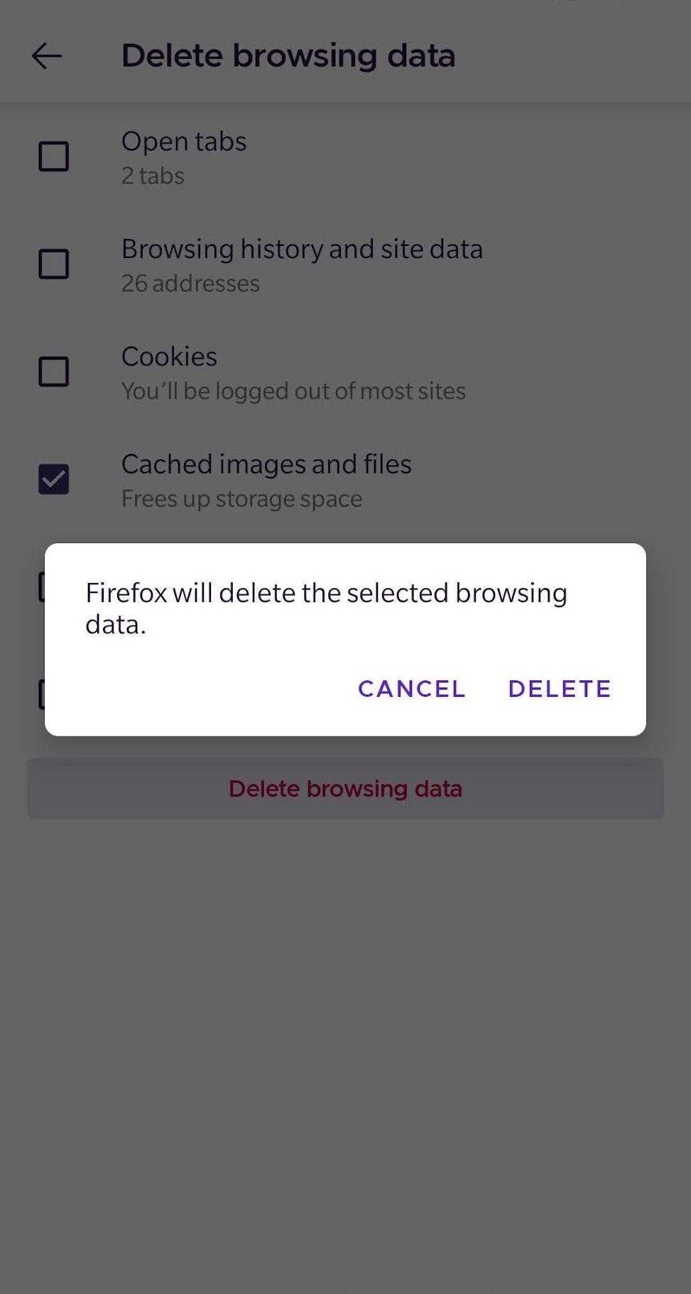 Firefox Mobile Confirm Deleting Browsing Data