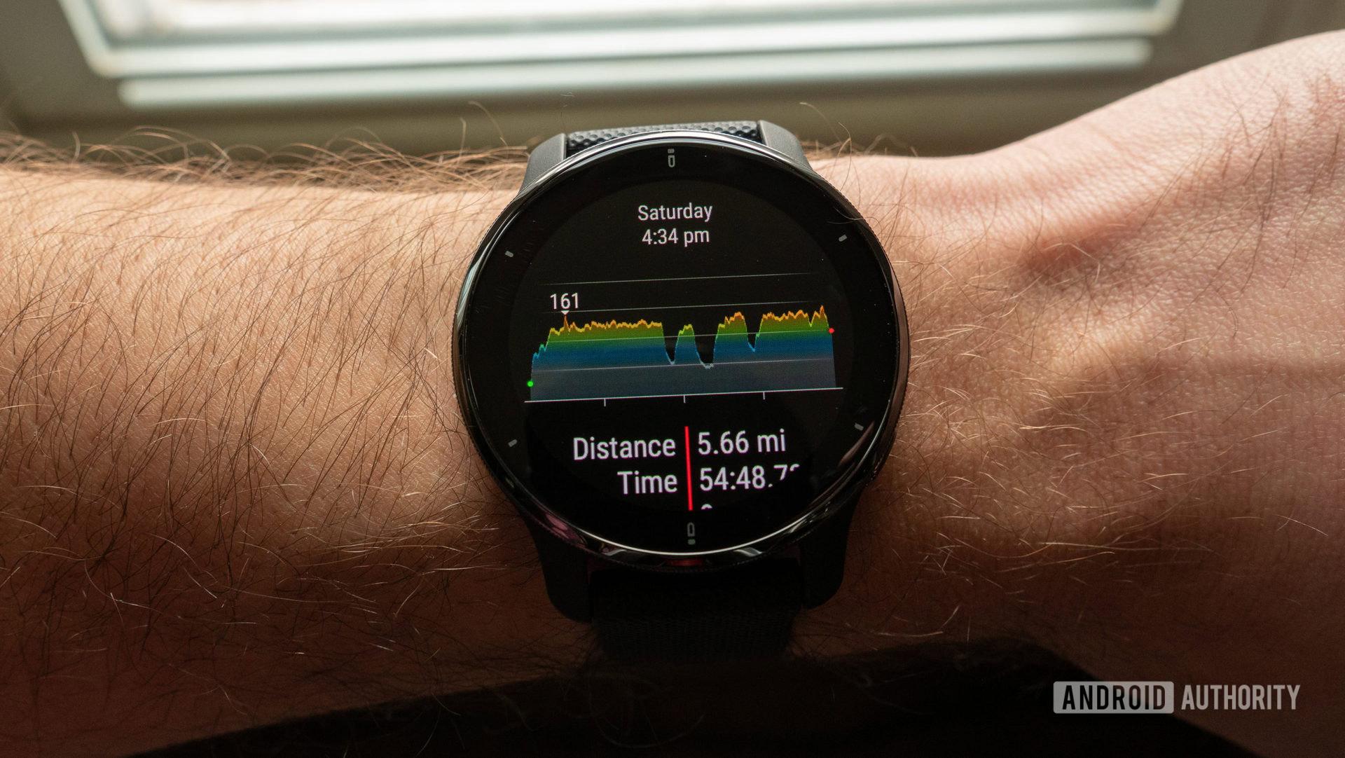 An image of the Garmin Venu 2 Plus on the wrist showing heart rate and activity summary details