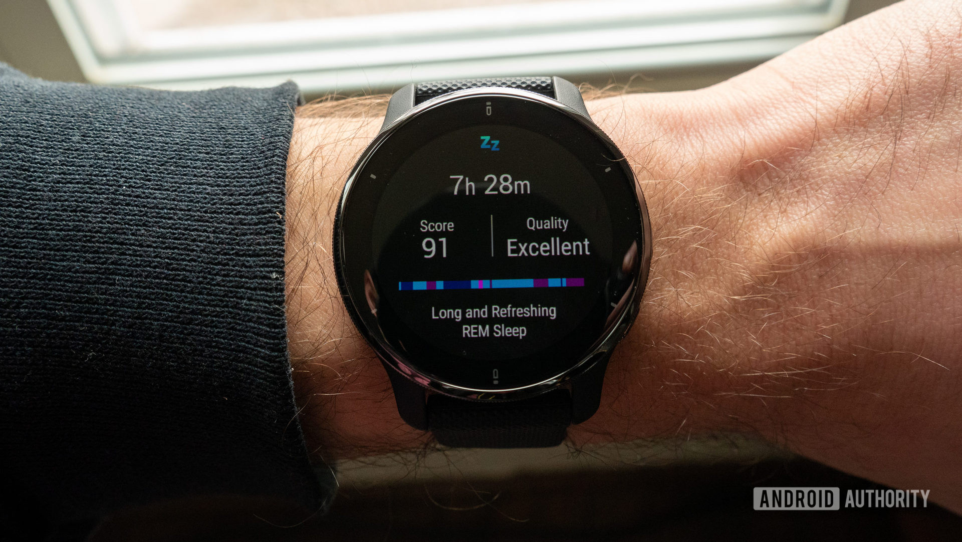 An image of the Garmin Venu 2 Plus on the wrist showing sleep tracking metrics