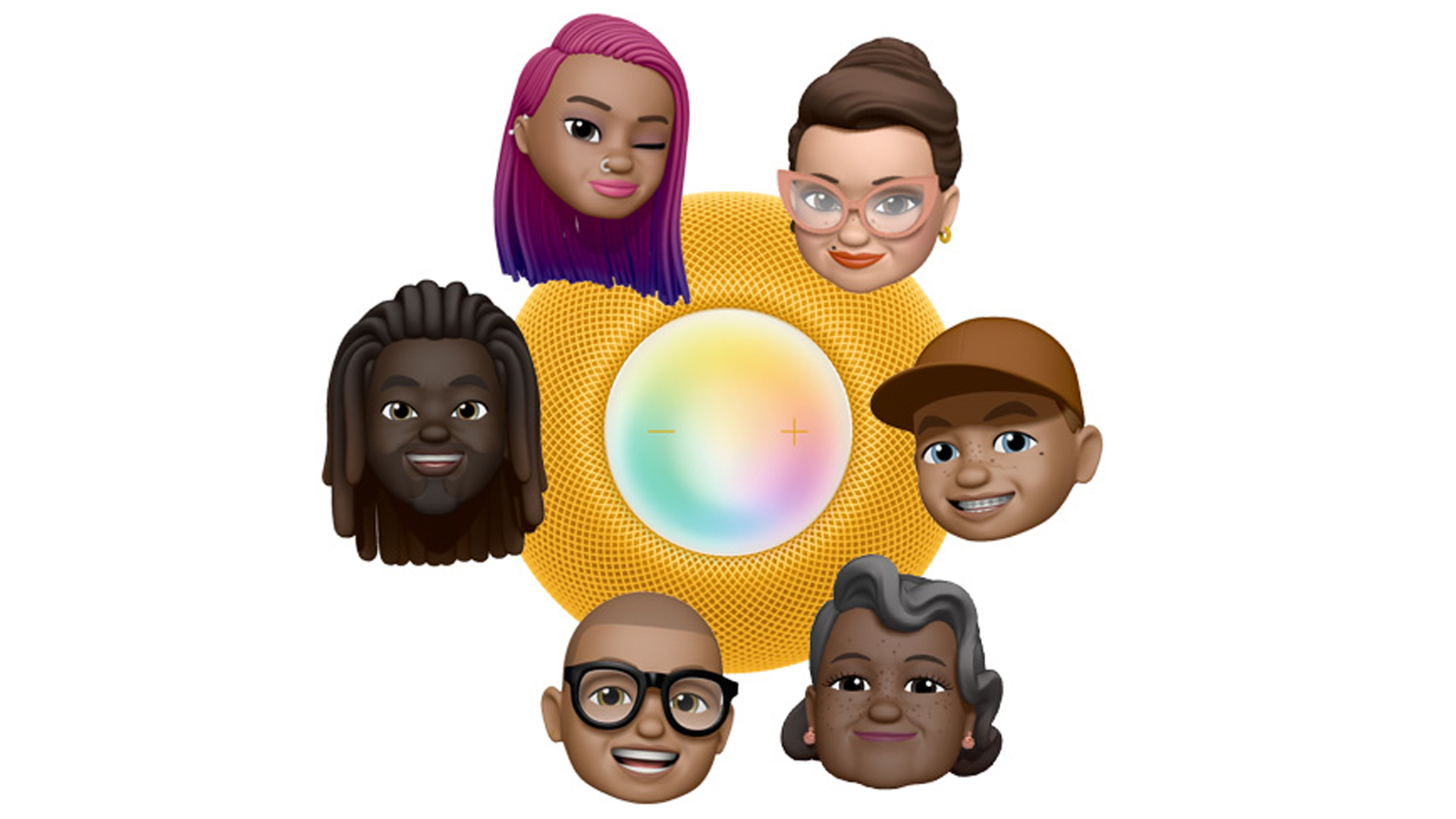 A HomePod mini surrounded by memoji