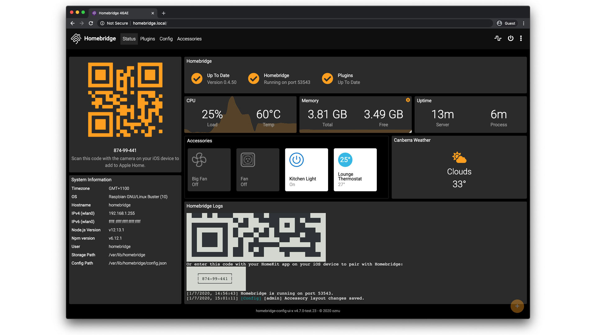 The Homebridge web interface