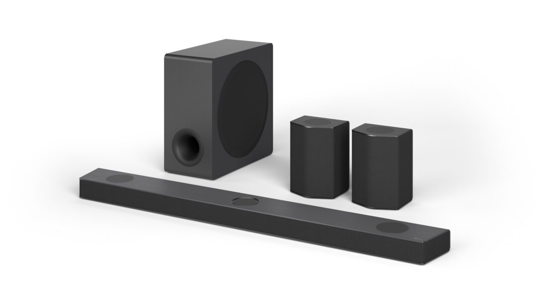 The LG S95QR Soundbar with its subwoofer and accompanying speakers against a white background.
