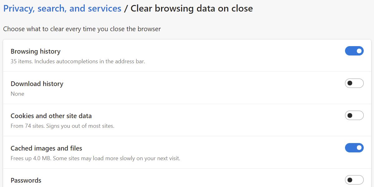 Wyczyść dane przeglądania przy opcjach zamykania w przeglądarce Microsoft Edge.