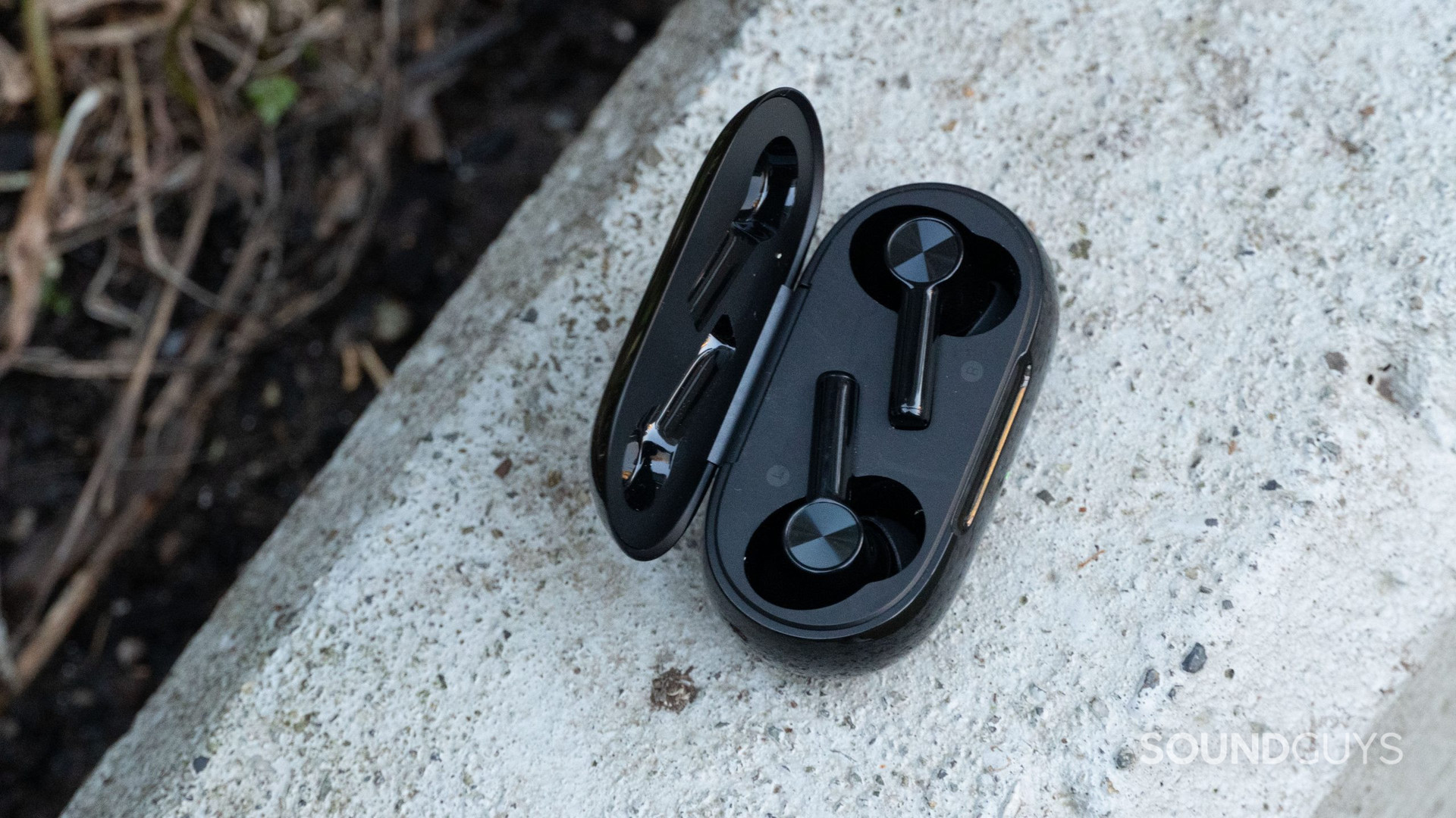 OnePlus Buds Z2 case sits open on a ledge, revealing the earbuds inside.