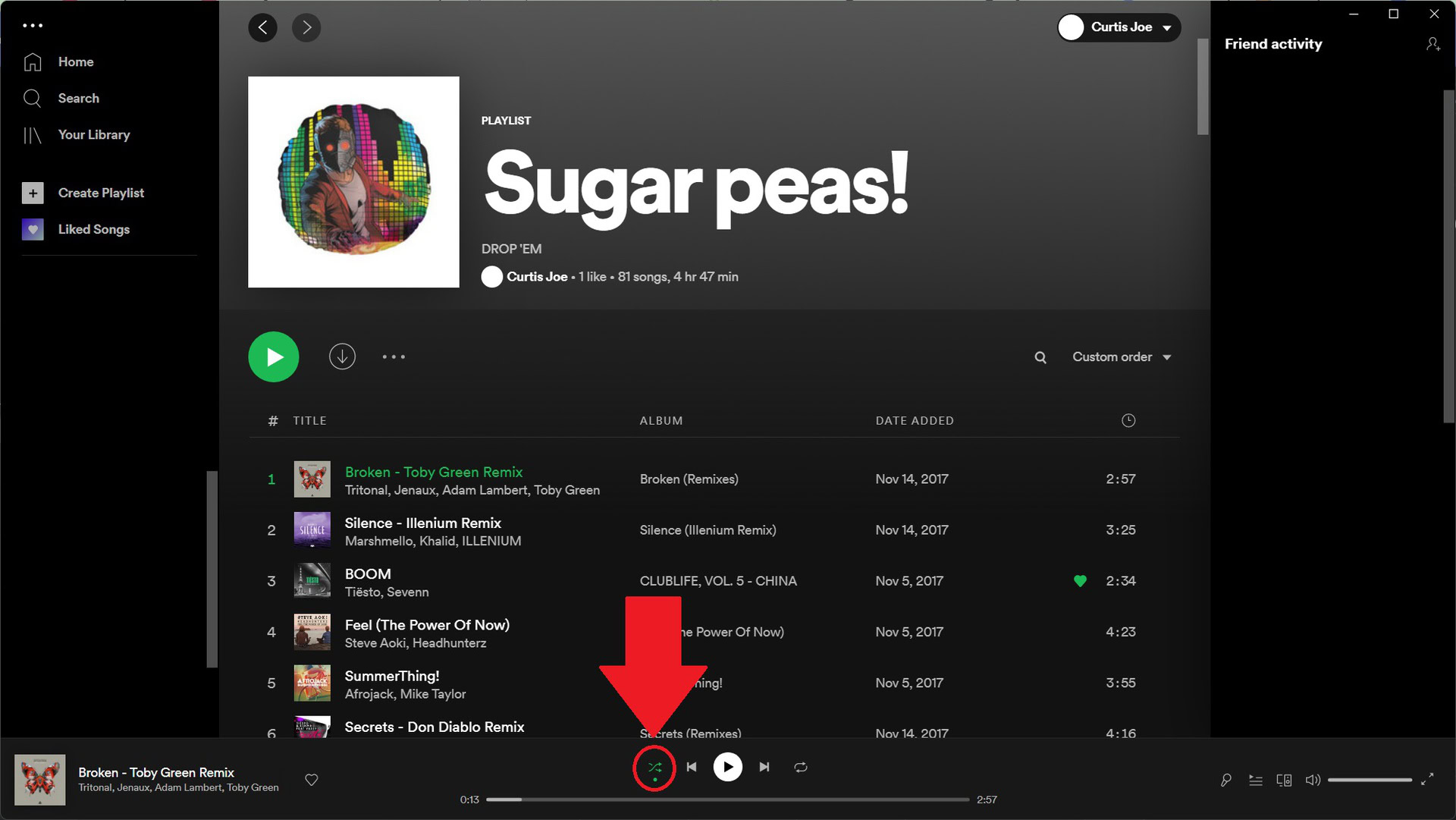 shuffle button location on Spotify desktop screenshot