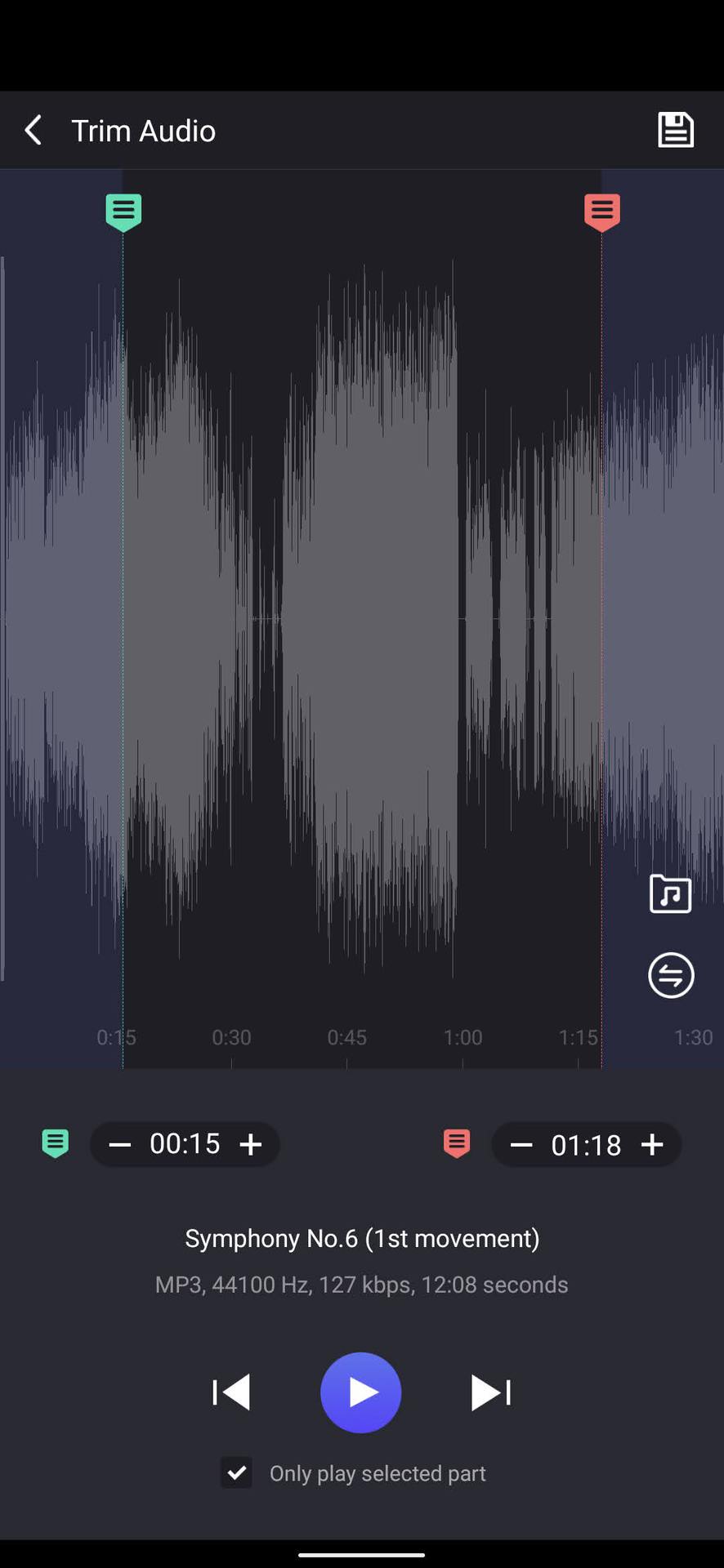Trim audio using Music Editor 3