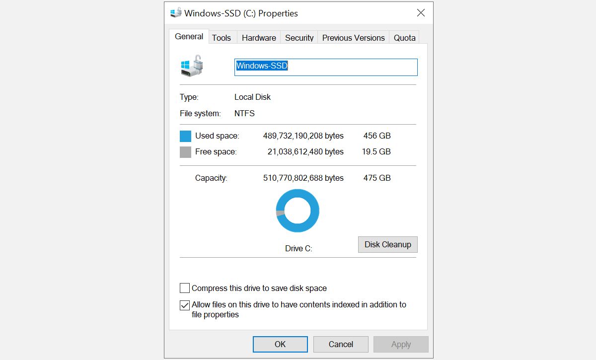 Okno Właściwości dysku SSD systemu Windows 10