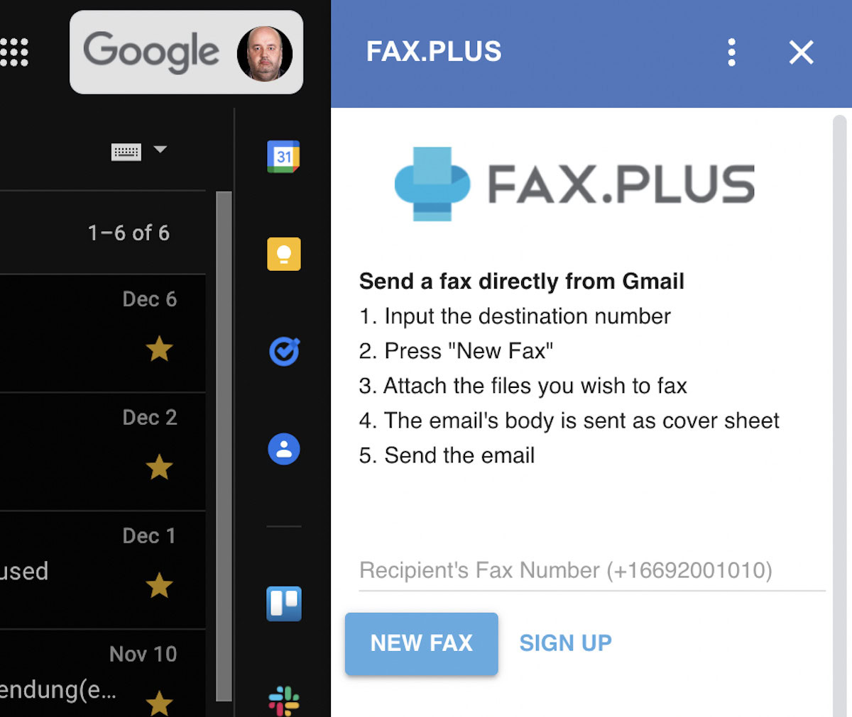 Fax.Plus sidebar in Gmail
