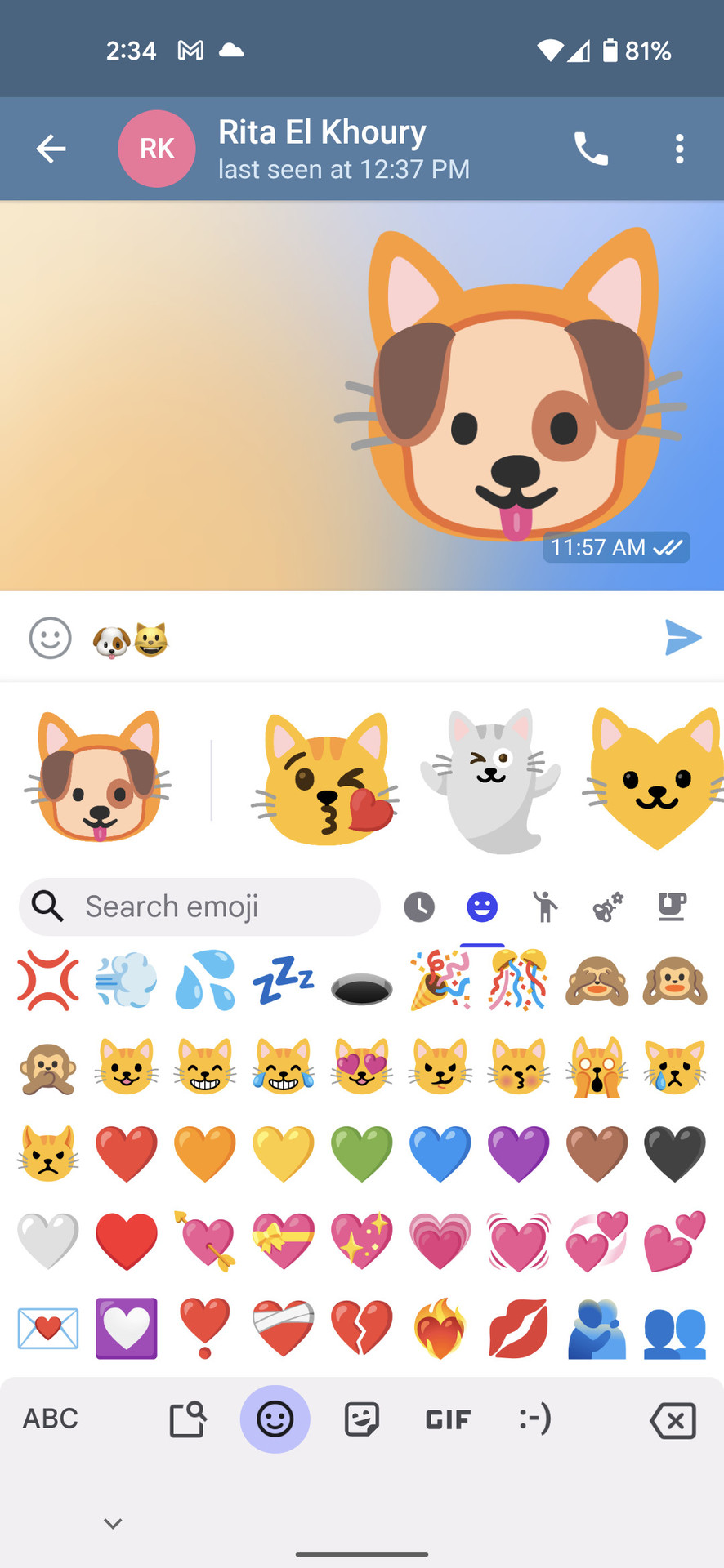 Screenshot of Gboard Emoji Kitchen showing the dog mash-up with a cat in Telegram
