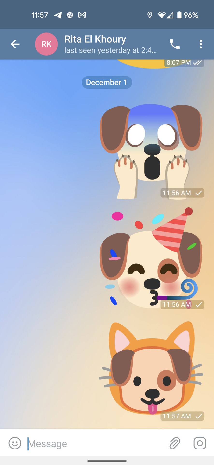 Screenshot of Gboard Emoji Kitchen showing several dog mash-ups in Telegram