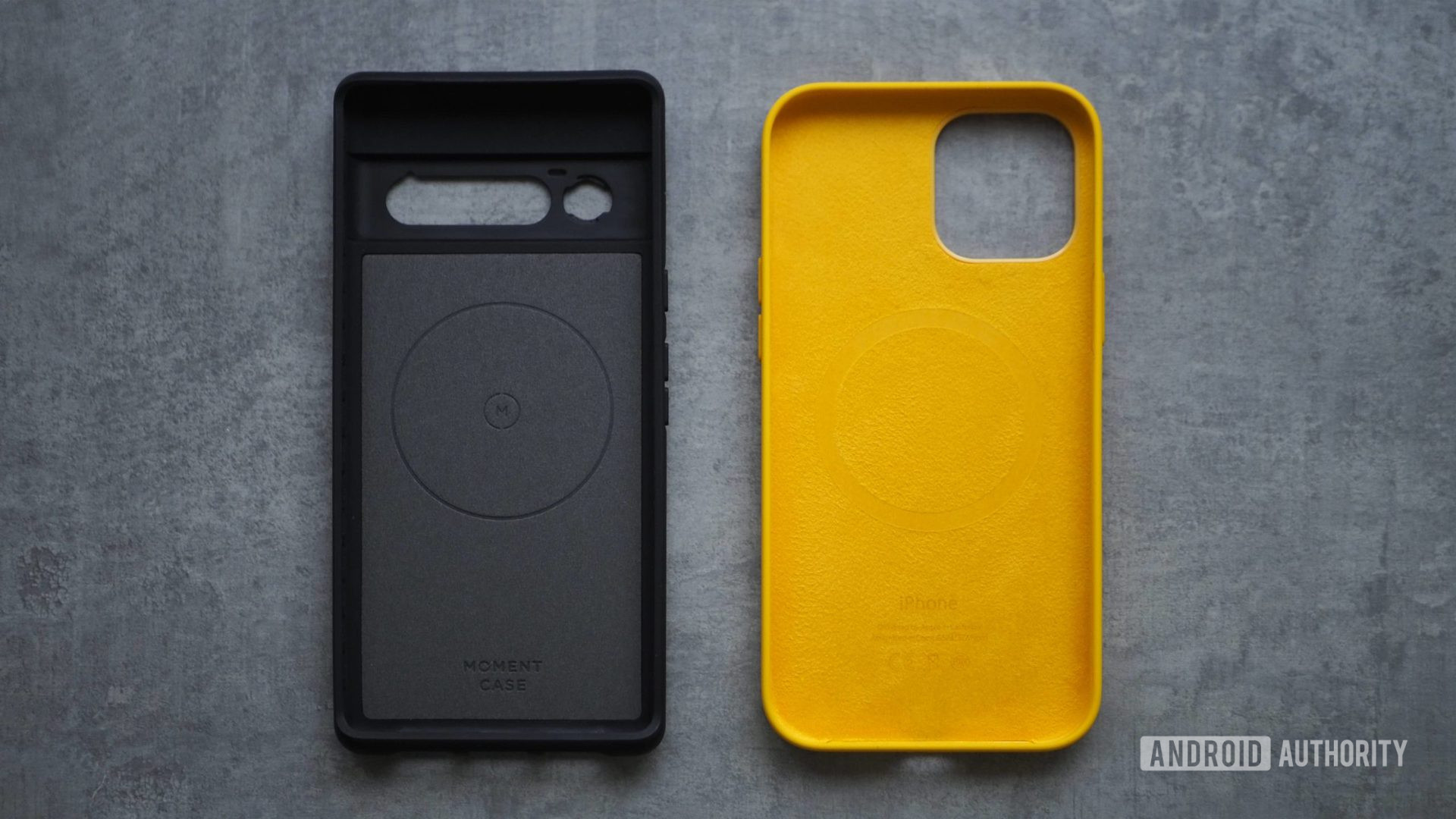 Casing kuning iPhone 12 Pro Max MagSafe dan casing Pixel 6 Pro Moment (M) Force, sisi internal