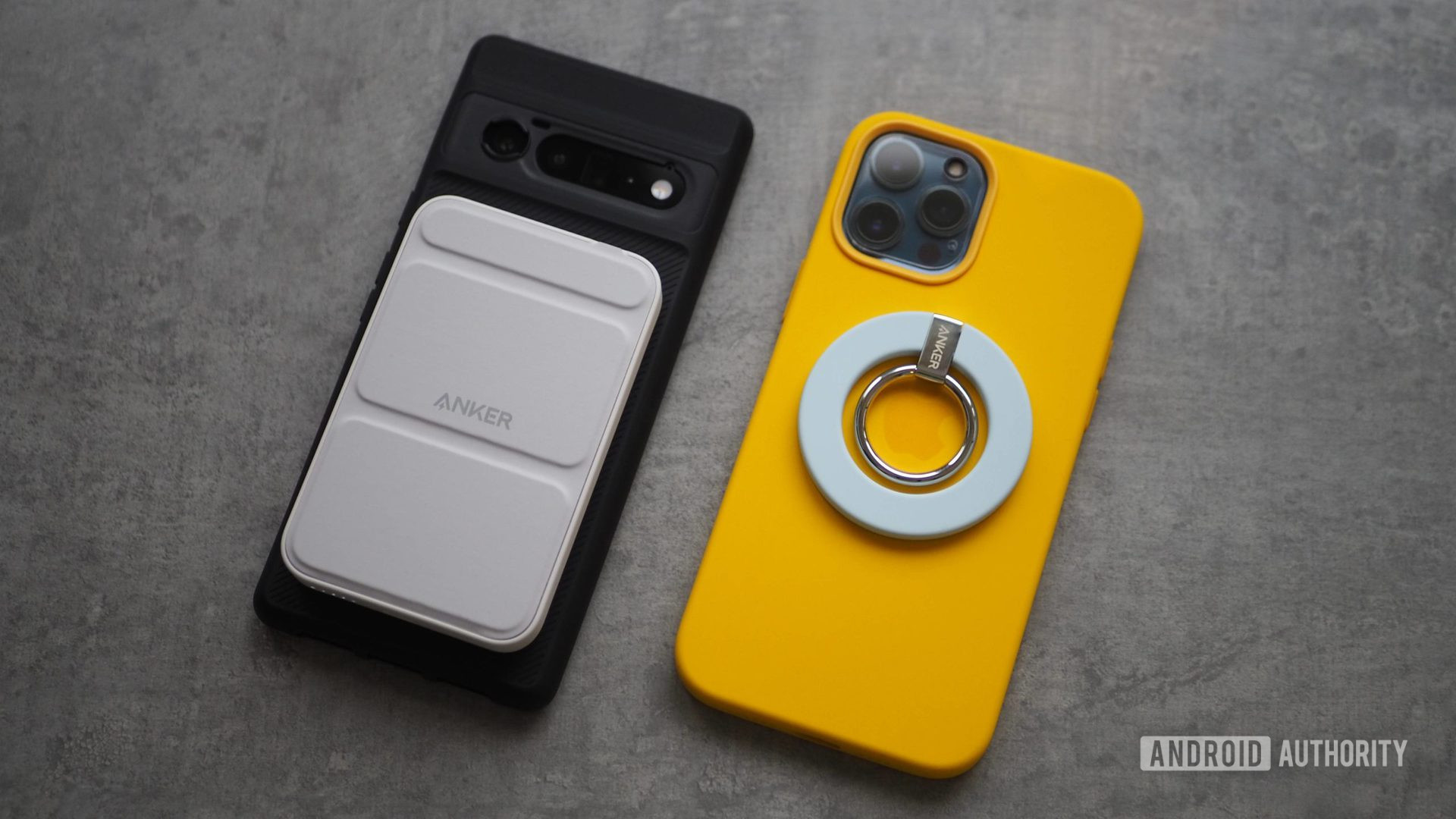 Anker MagGo 622 powerbank on Pixel 6 Pro with Moment (M) Force case, Anker MagGo 610 power grip on iPhone 12 Pro Max with yellow Apple MagSafe case