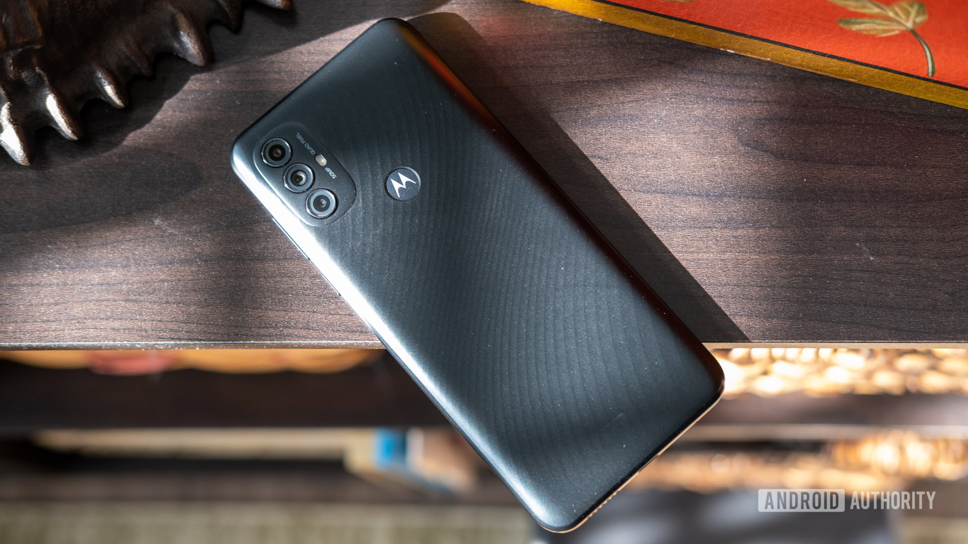 An image of the Motorola Moto G Power 2022 on a shelf