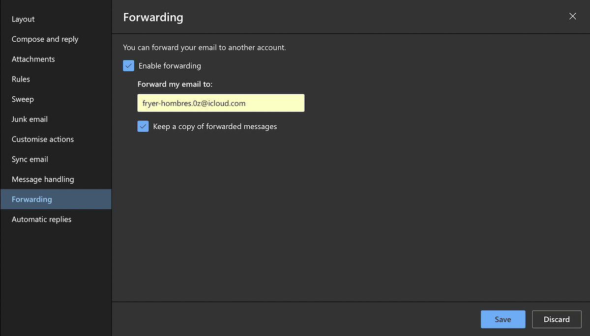 outlook enable forwarding