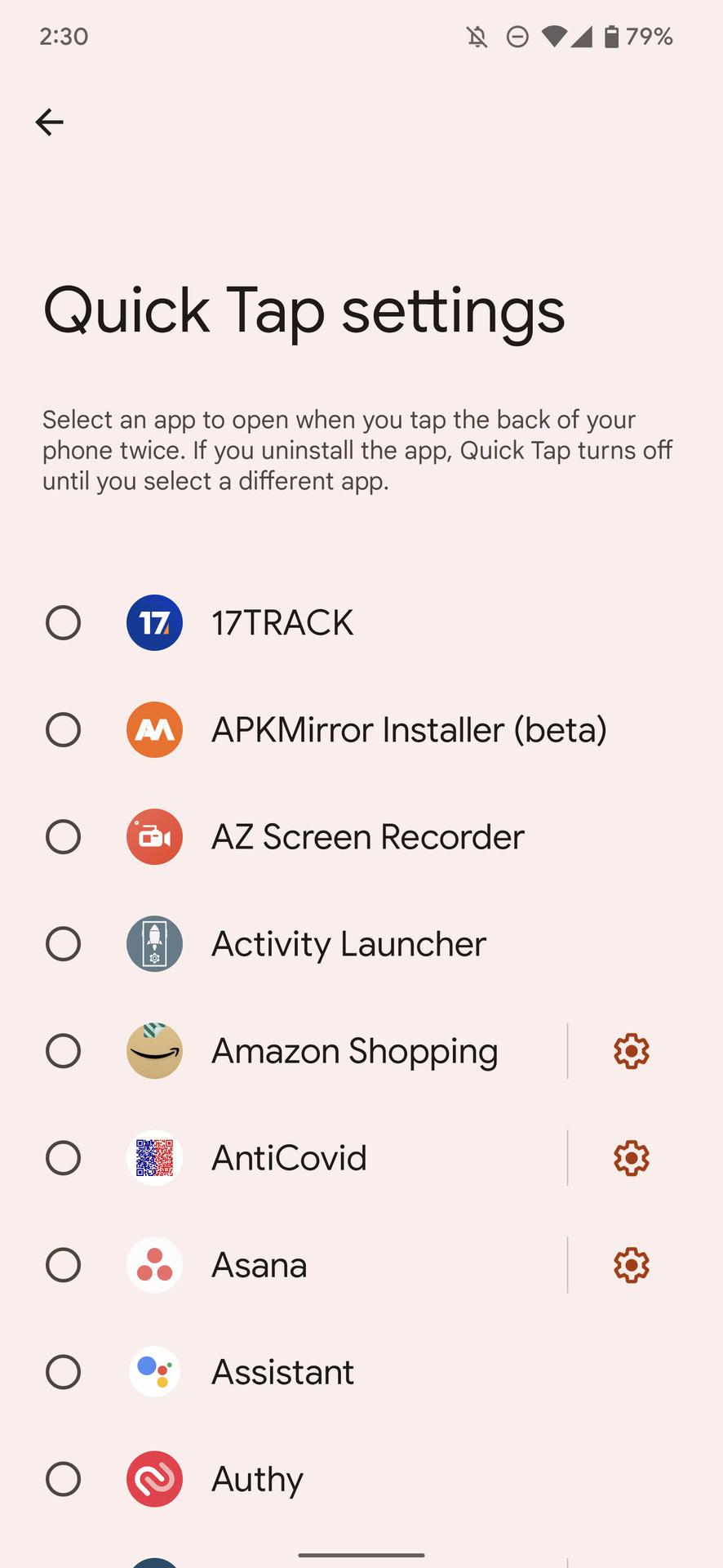 Pixel Quick Tap gesture shortcut screenshot showing list of apps