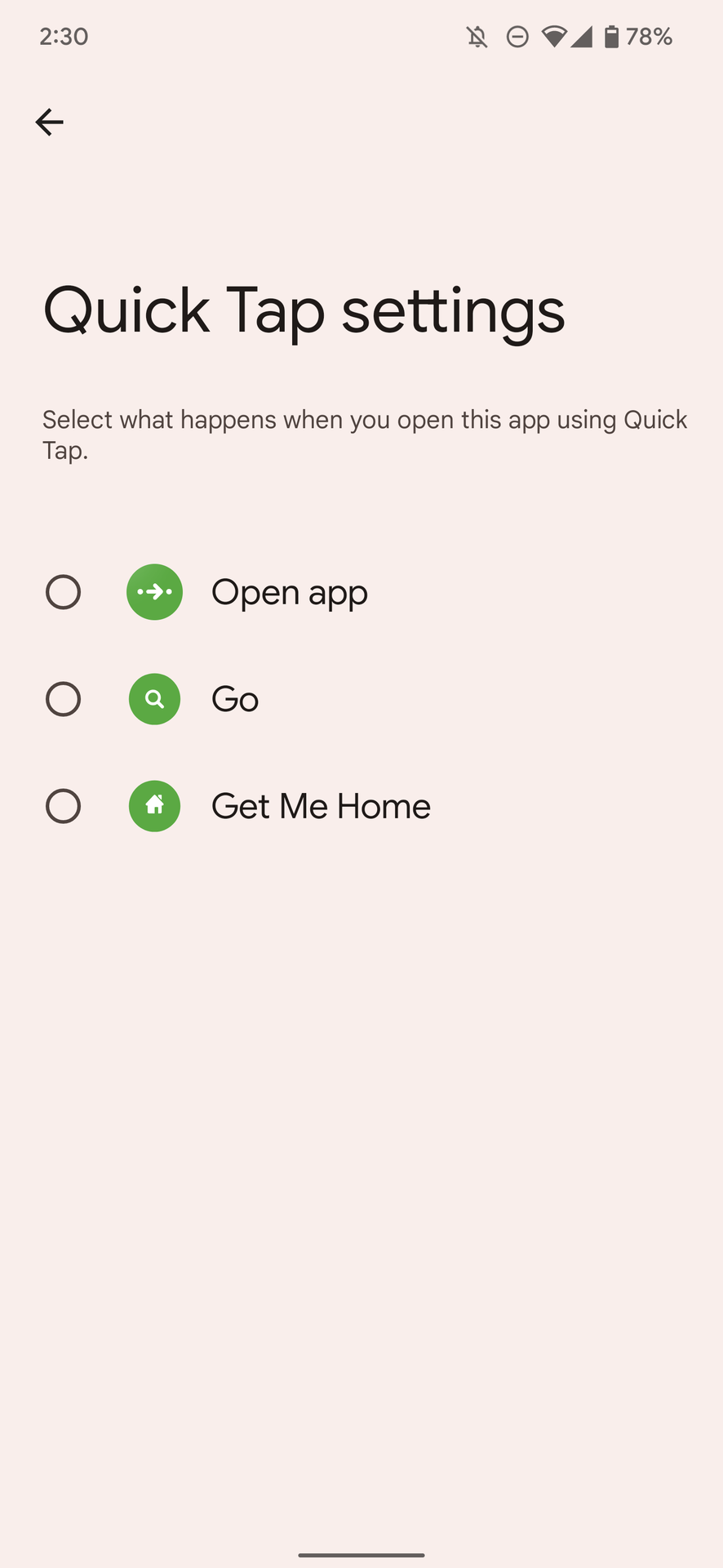 Pixel Quick Tap gesture shortcut screenshot showing citymapper app options