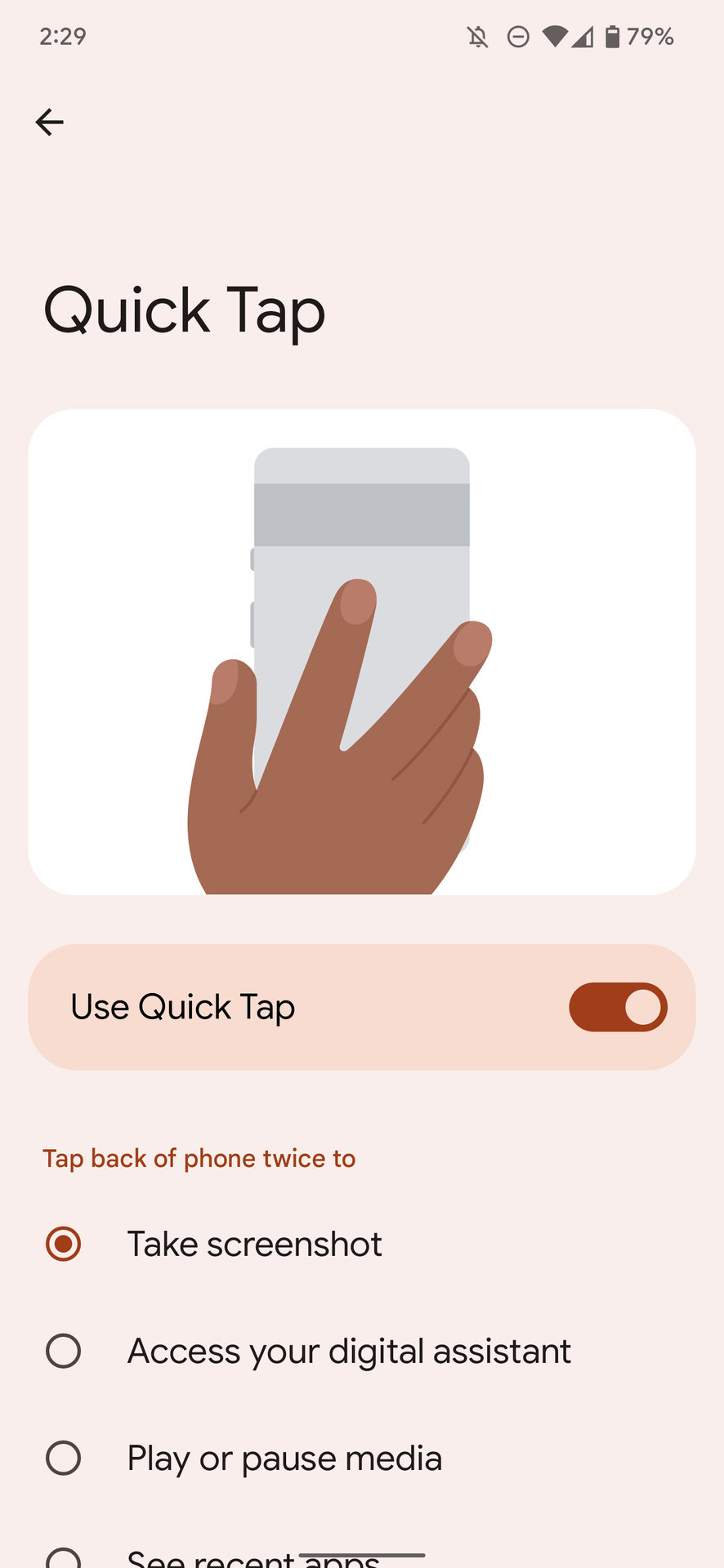 Pixel Quick Tap gesture shortcut screenshot showing main settings 1