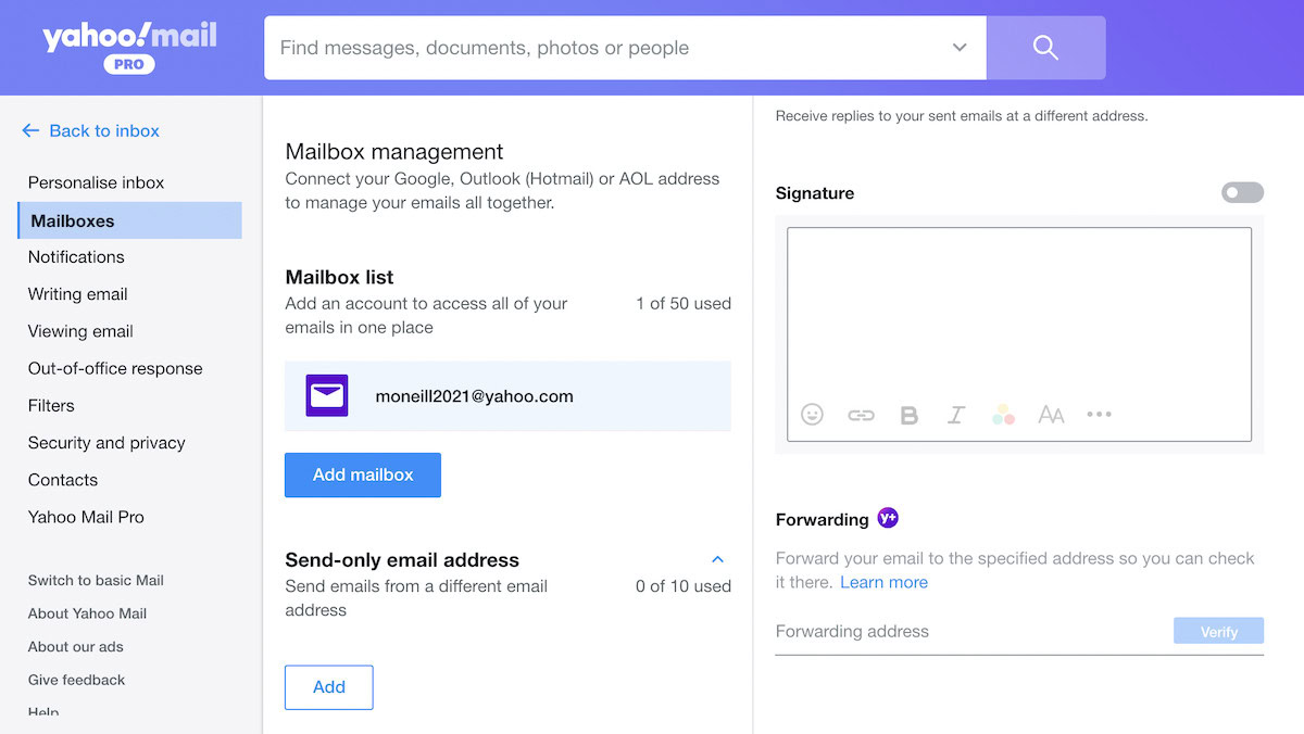 yahoo mail settings