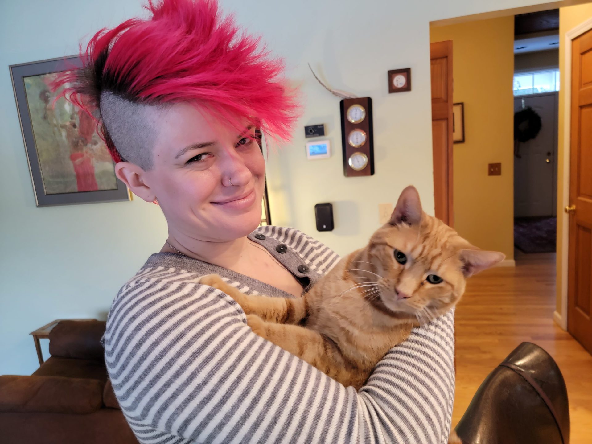 A woman with pink hair holding an orange cat.