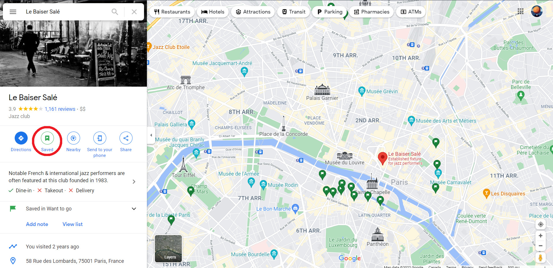 Google Maps desktop saved location