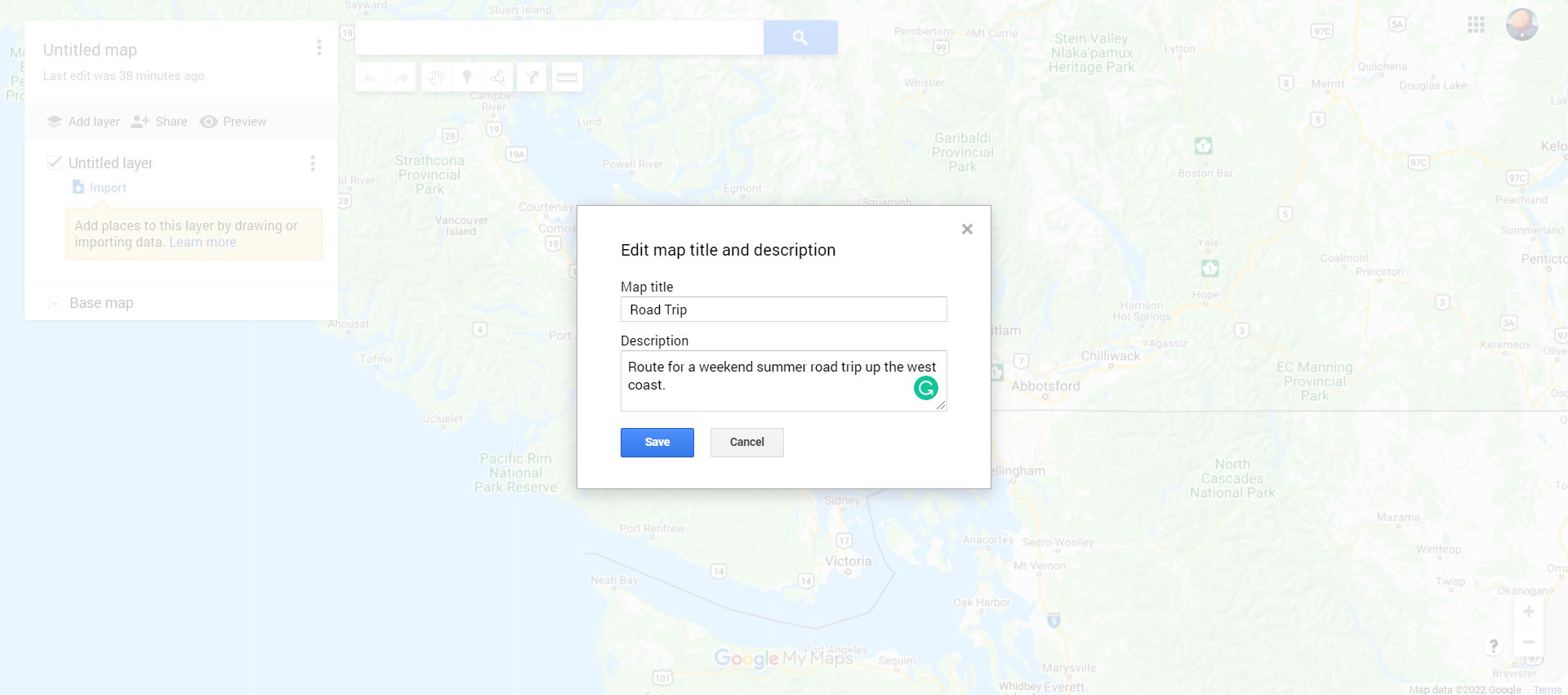 Google Maps custom map name and description