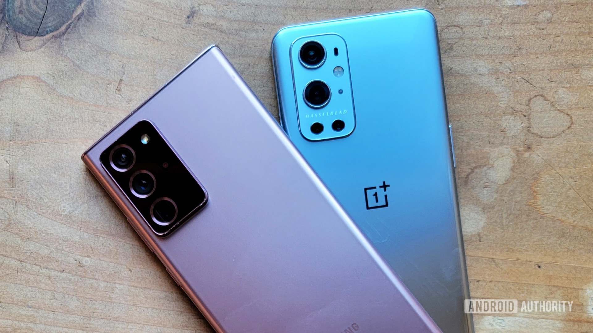 The Samsung Galaxy Note 20 Ultra stacked on top of the OnePlus 9 Pro