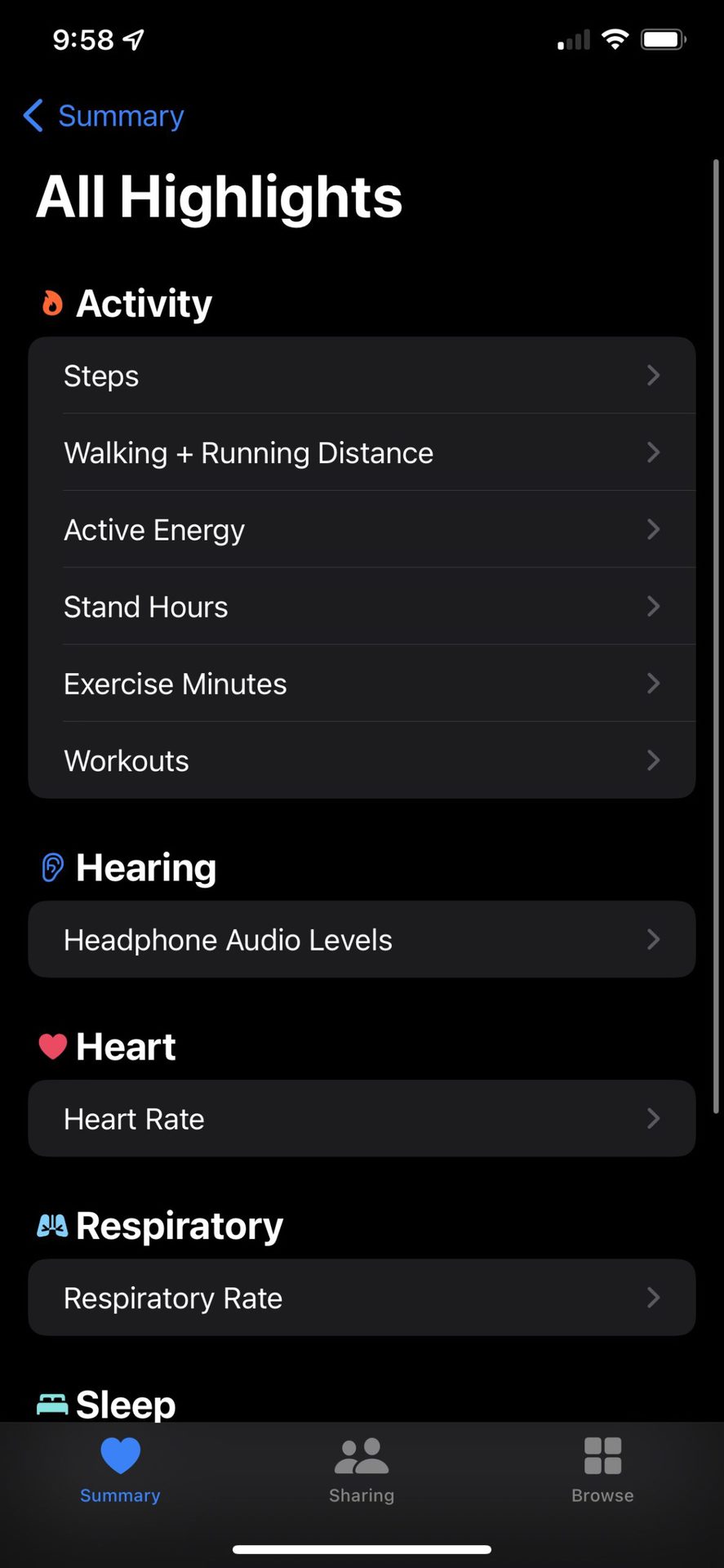 A screen shot of the All Highlights landing page on Apple's Health app shows a users data highlights including activity, heart, and respiratory data, and more.