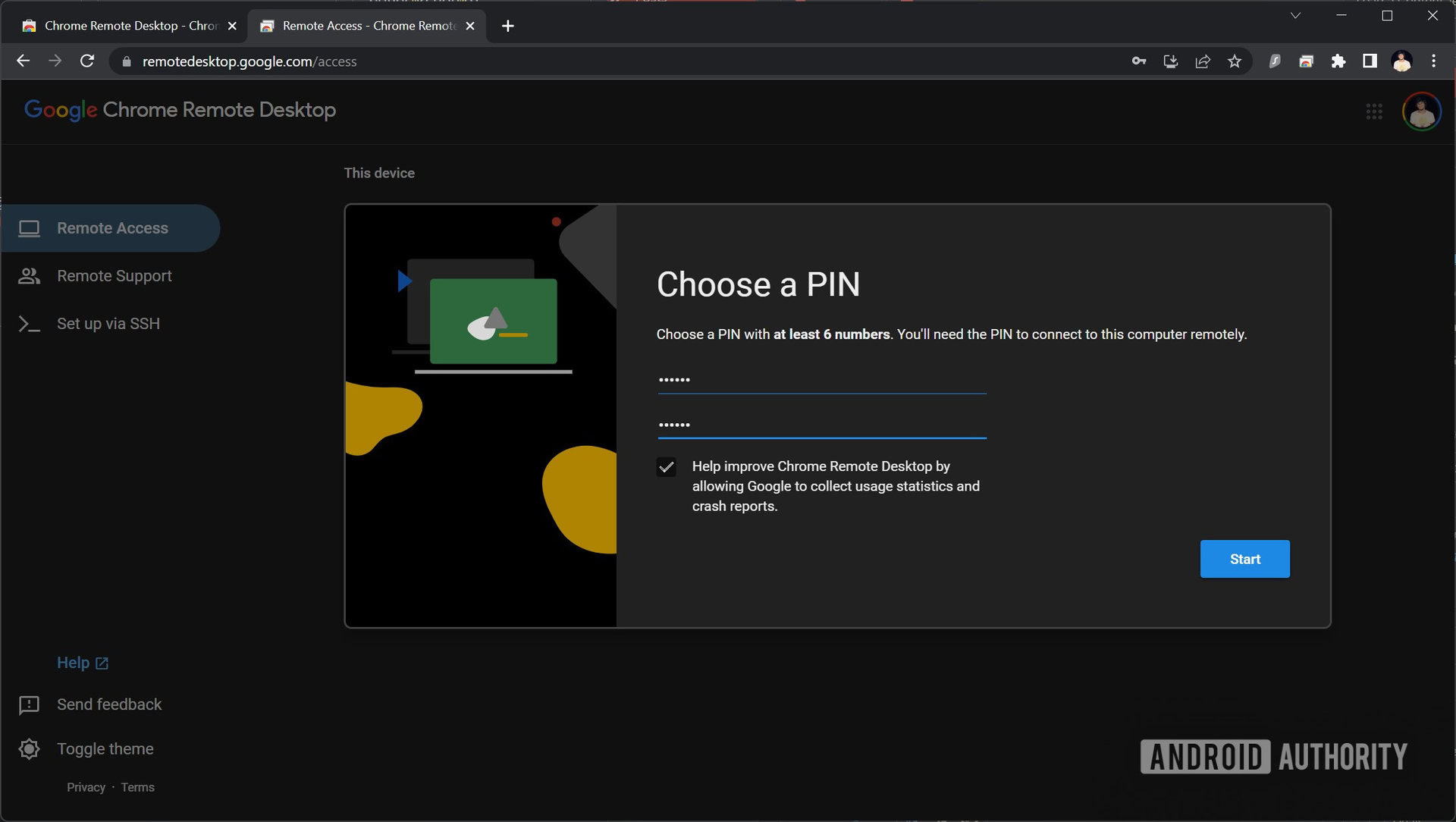 Chrome Remote Desktop remote access pin