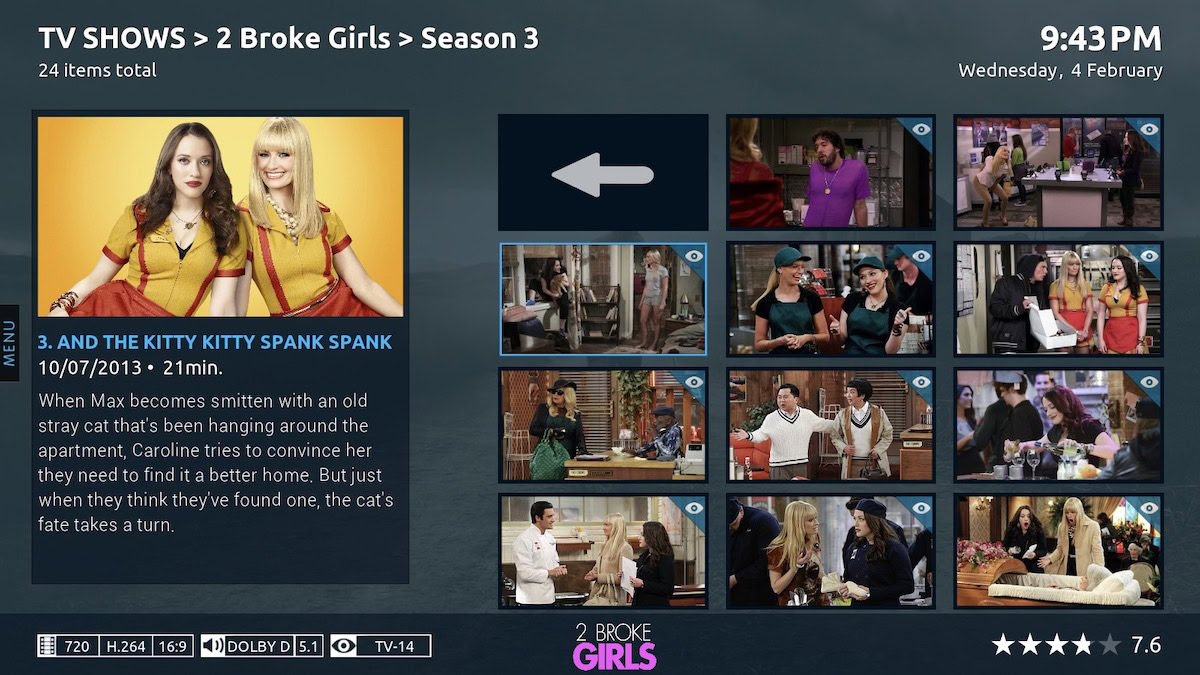 The Emby media server software showing "2 Broke Girls" selected.