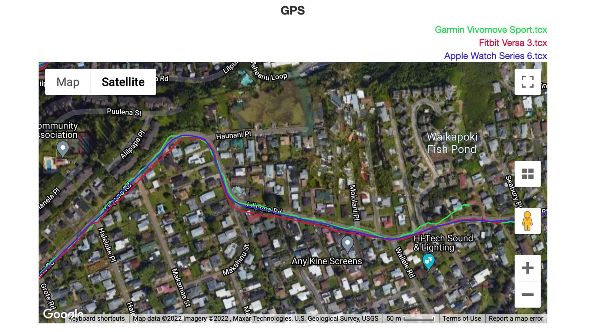 A screenshot of GPS data illustrates how the Garmin watch struggled to locate a user at the beginning of a run. 