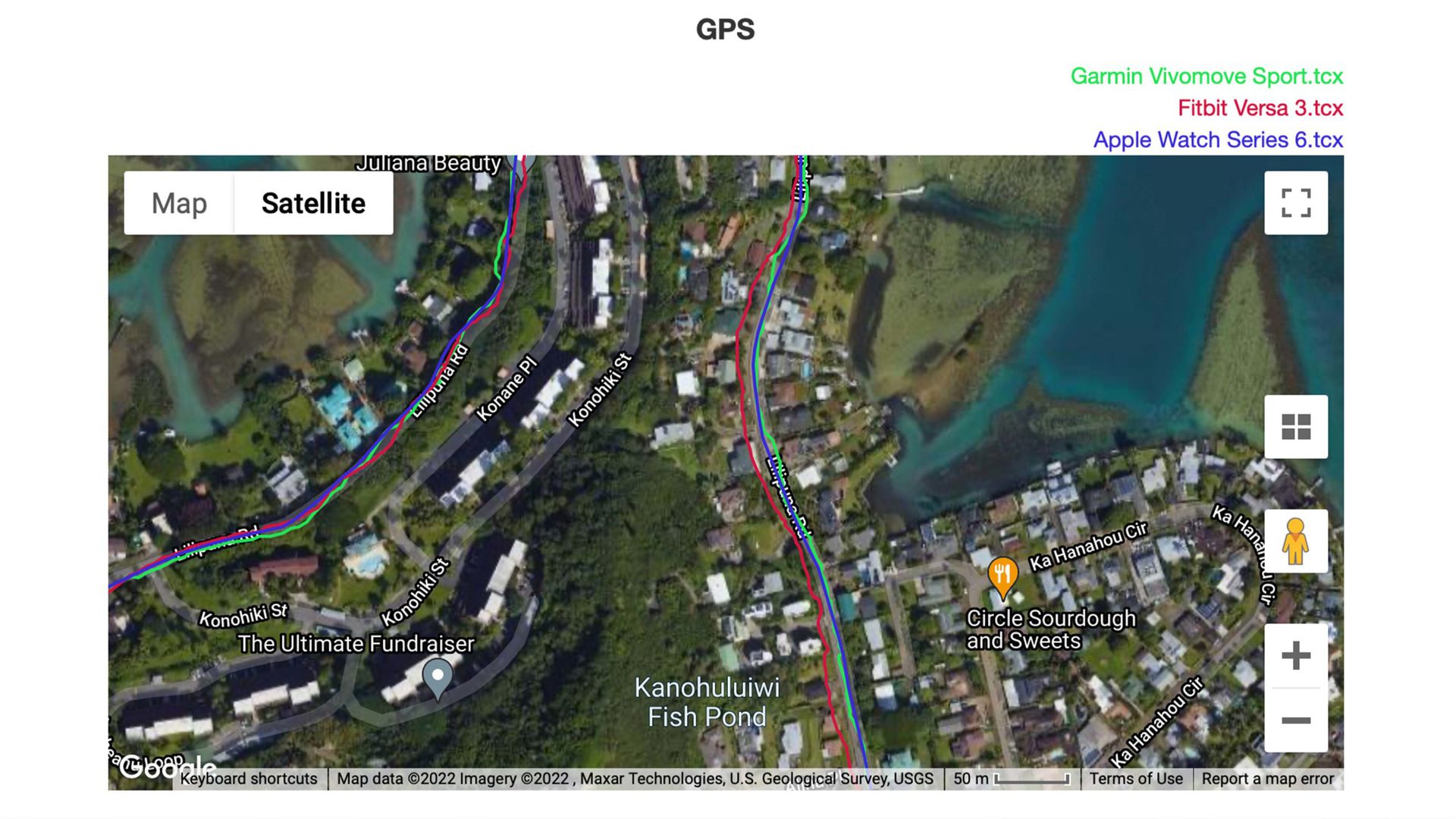 A screenshot of GPS data shows the Garmin watch as relatively accurate compared to an Apple Watch Series 6 and Fitbit Versa 3.