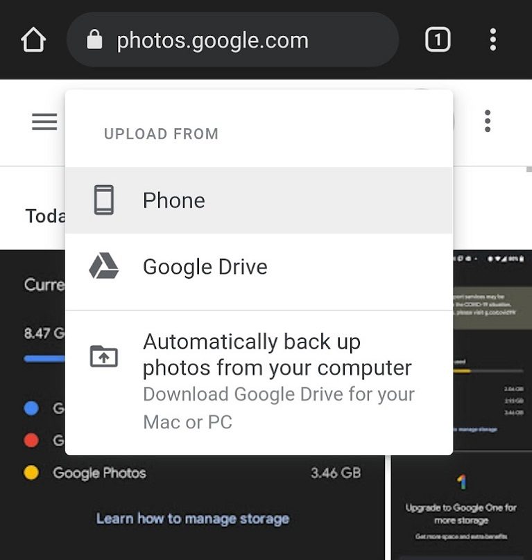 Google Photos mobile manual upload screenshot 2