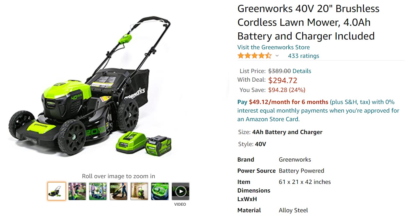 Greenworks 40V 20 inch Brushless Cordless Lawn Mower Amazon Deal