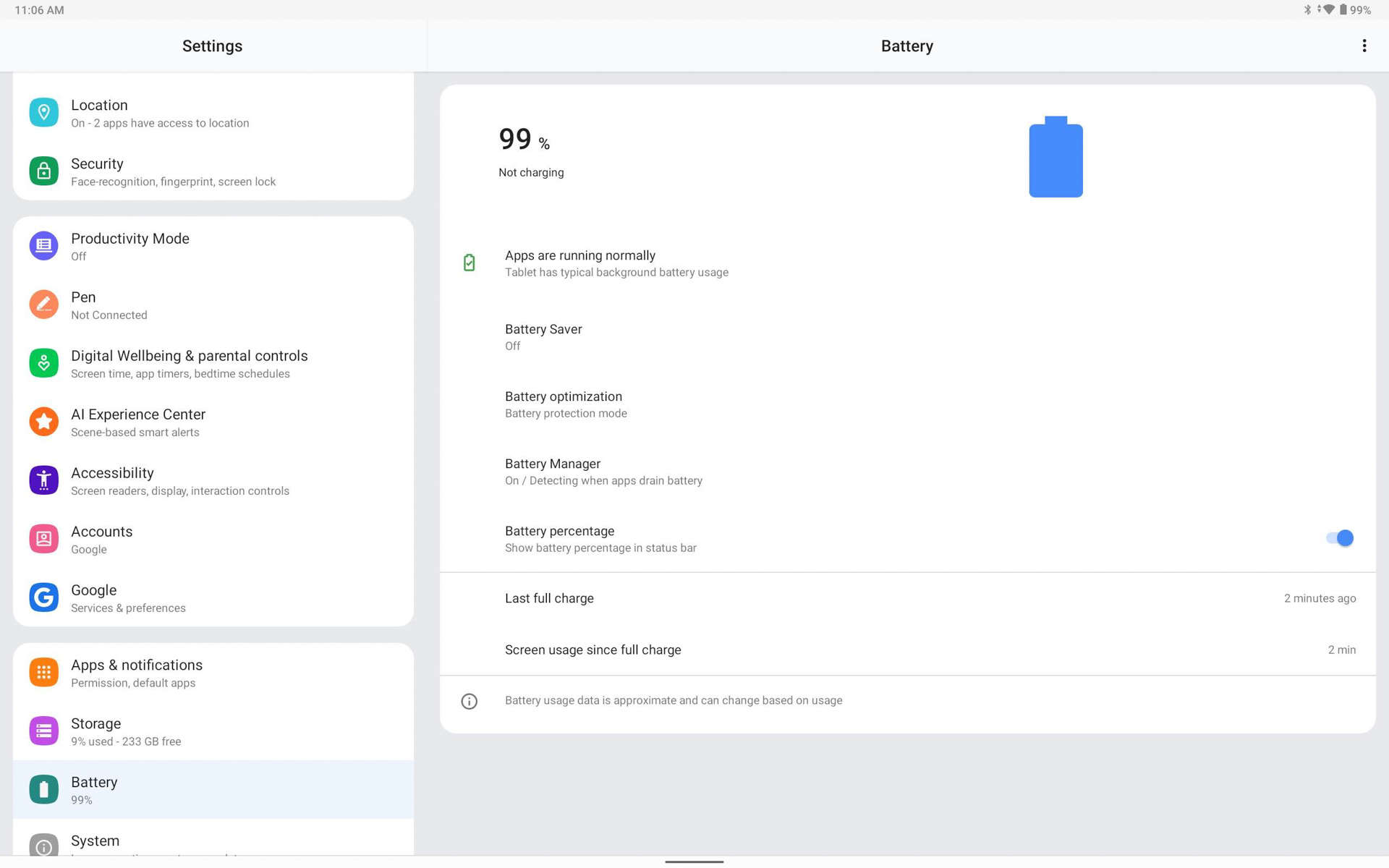 Lenovo Tab P12 Pro battery dashboard