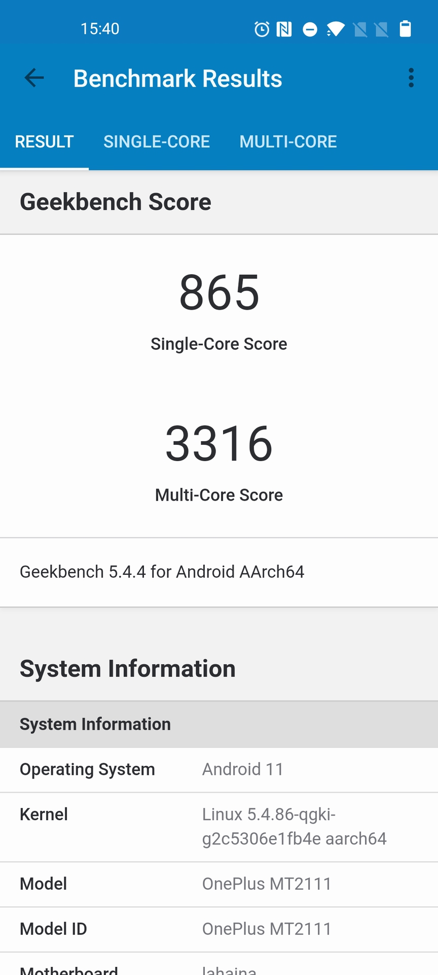 OnePlus 9RT Geekbench score regular mode
