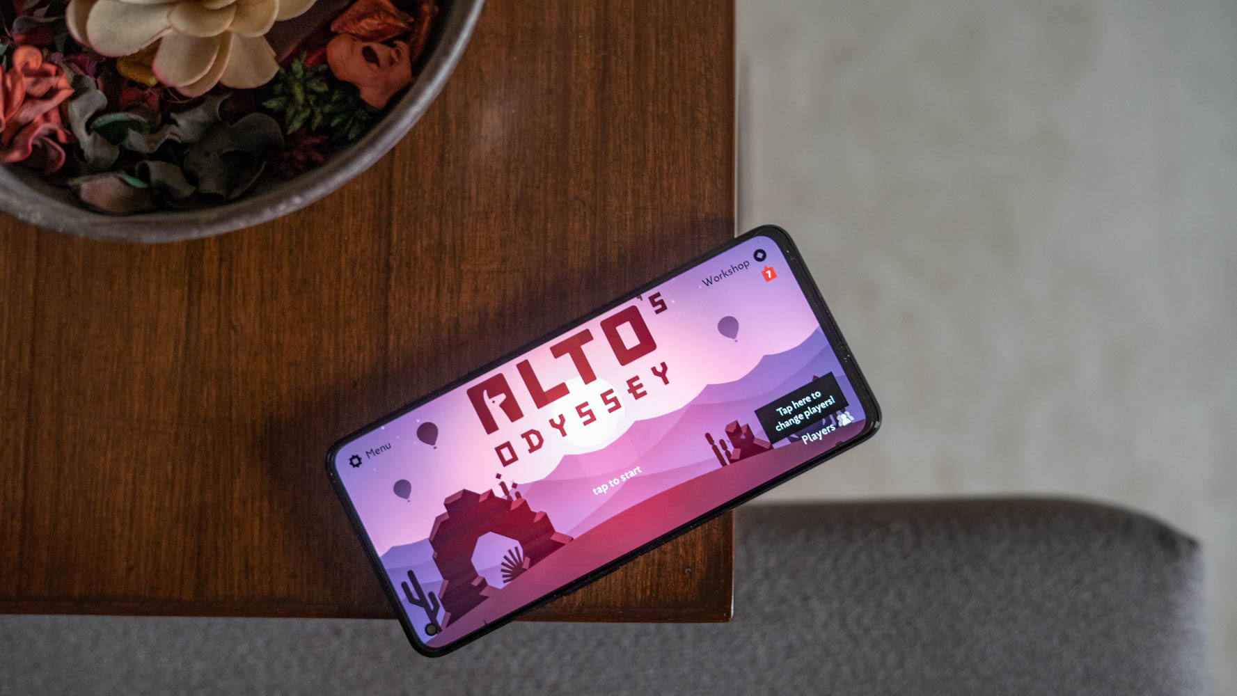 OnePlus 9RT review top down view with Alto's Odyssey game on the screen