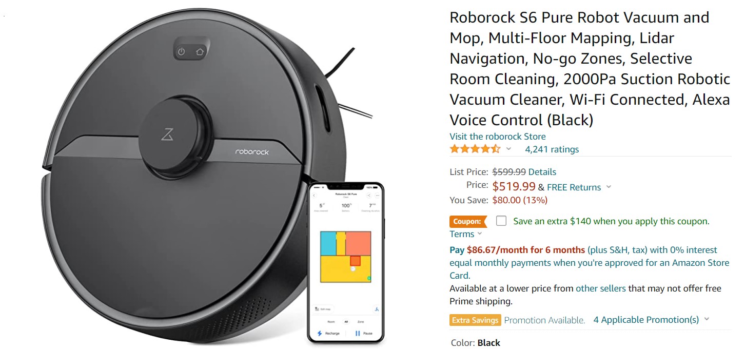 Roborock S6 Pure Robot Vacuum and Mop Amazon Deal