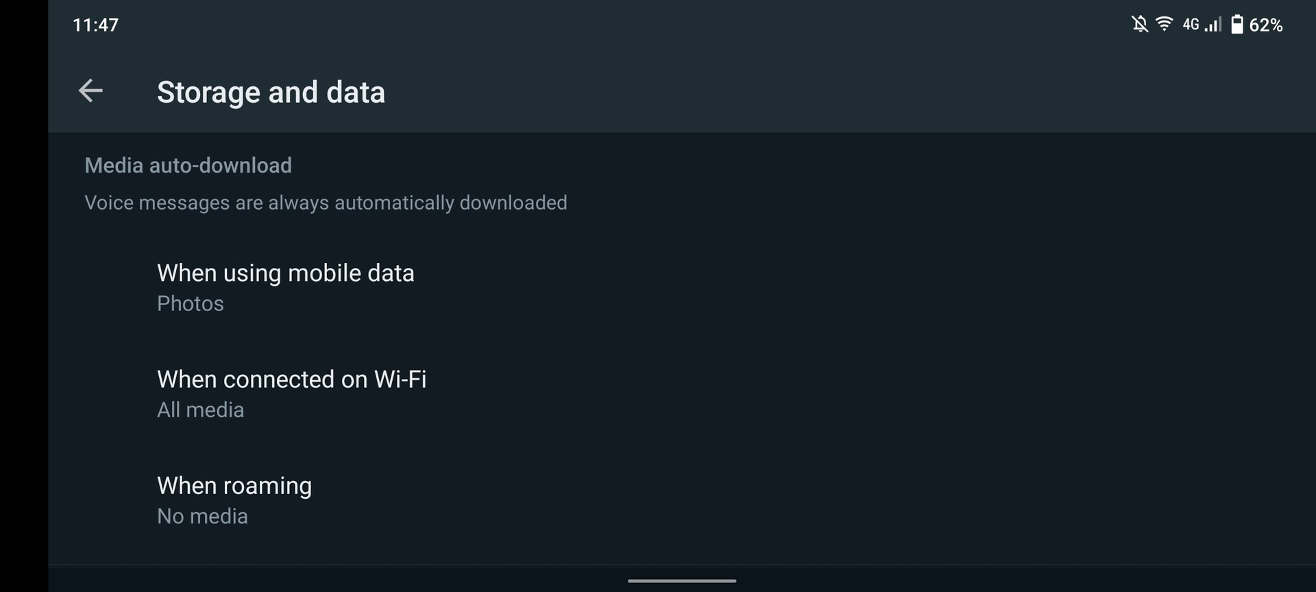 WhatsApp storage and data download settings