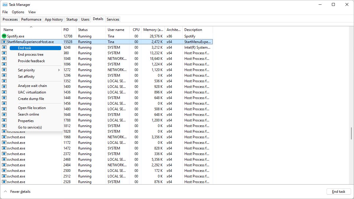 Ending the StartMenuExperienceHost.exe in the Windows 11 Task Manager.