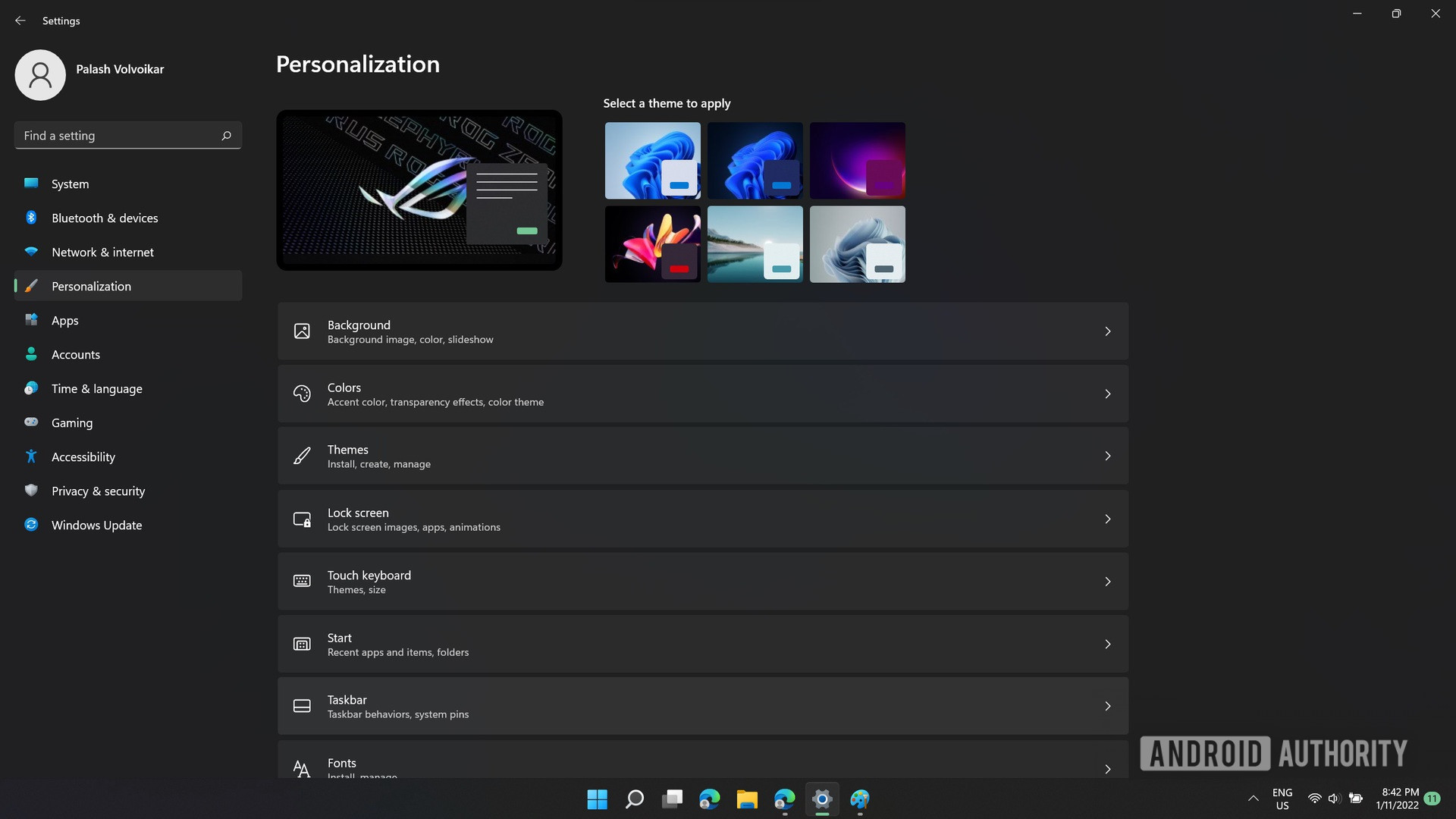 Configuración de personalización de Windows 11