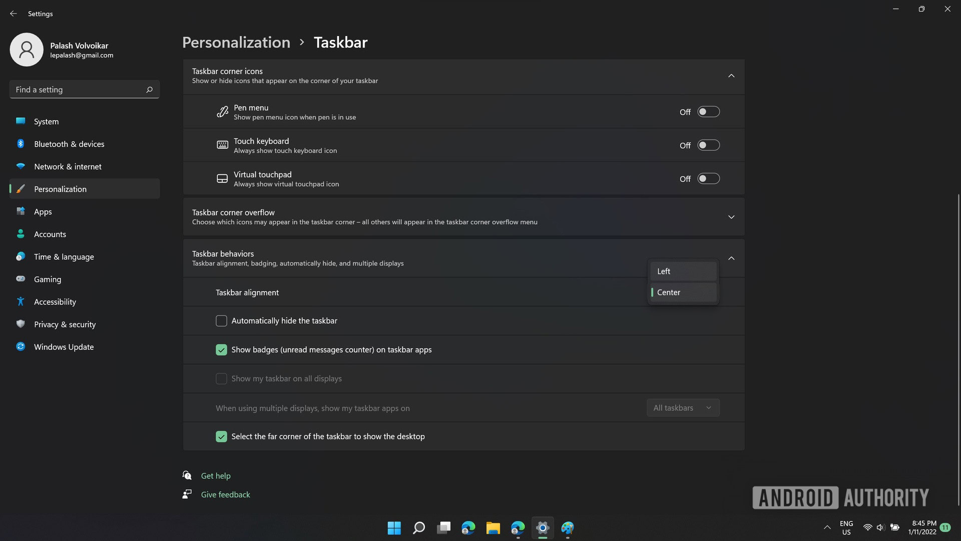 Selector de opciones de comportamiento de la barra de tareas de Windows 11