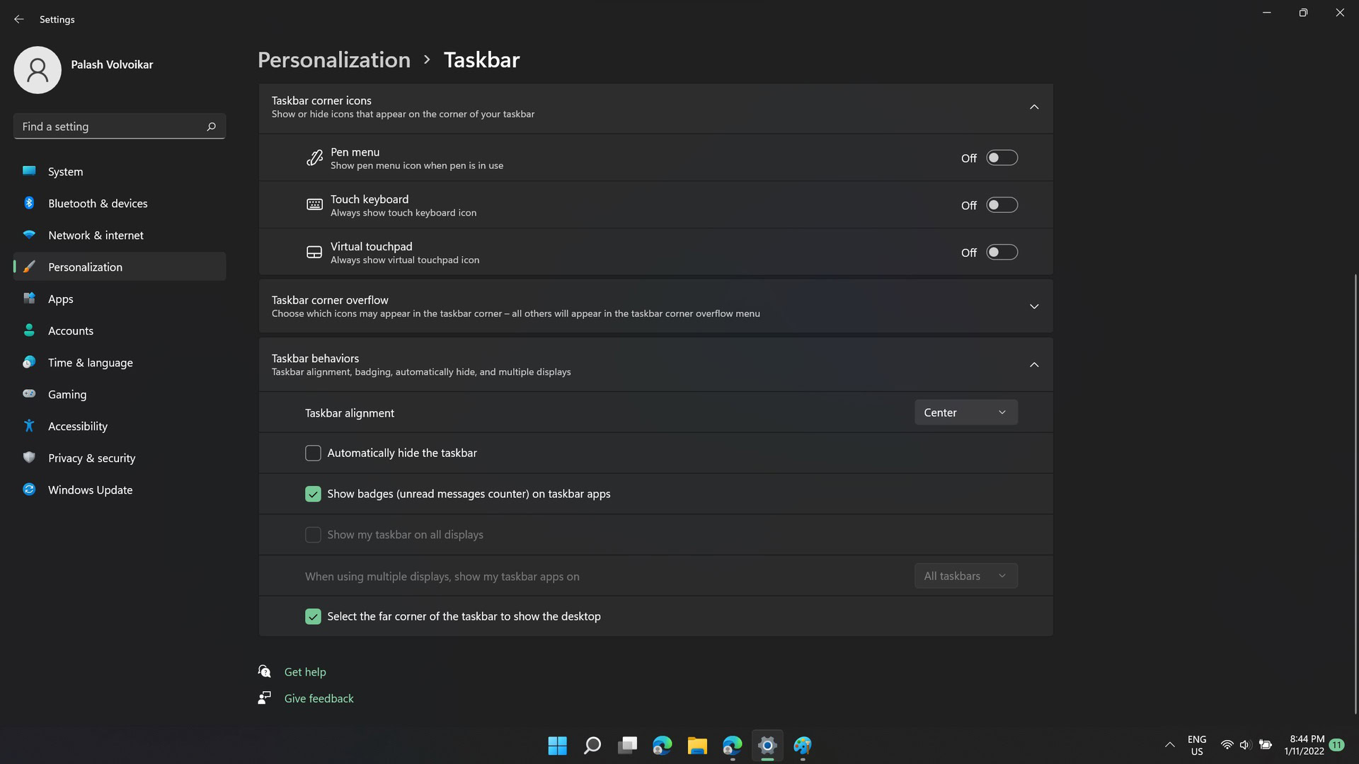 Windows 11 taskbar behaviours settings