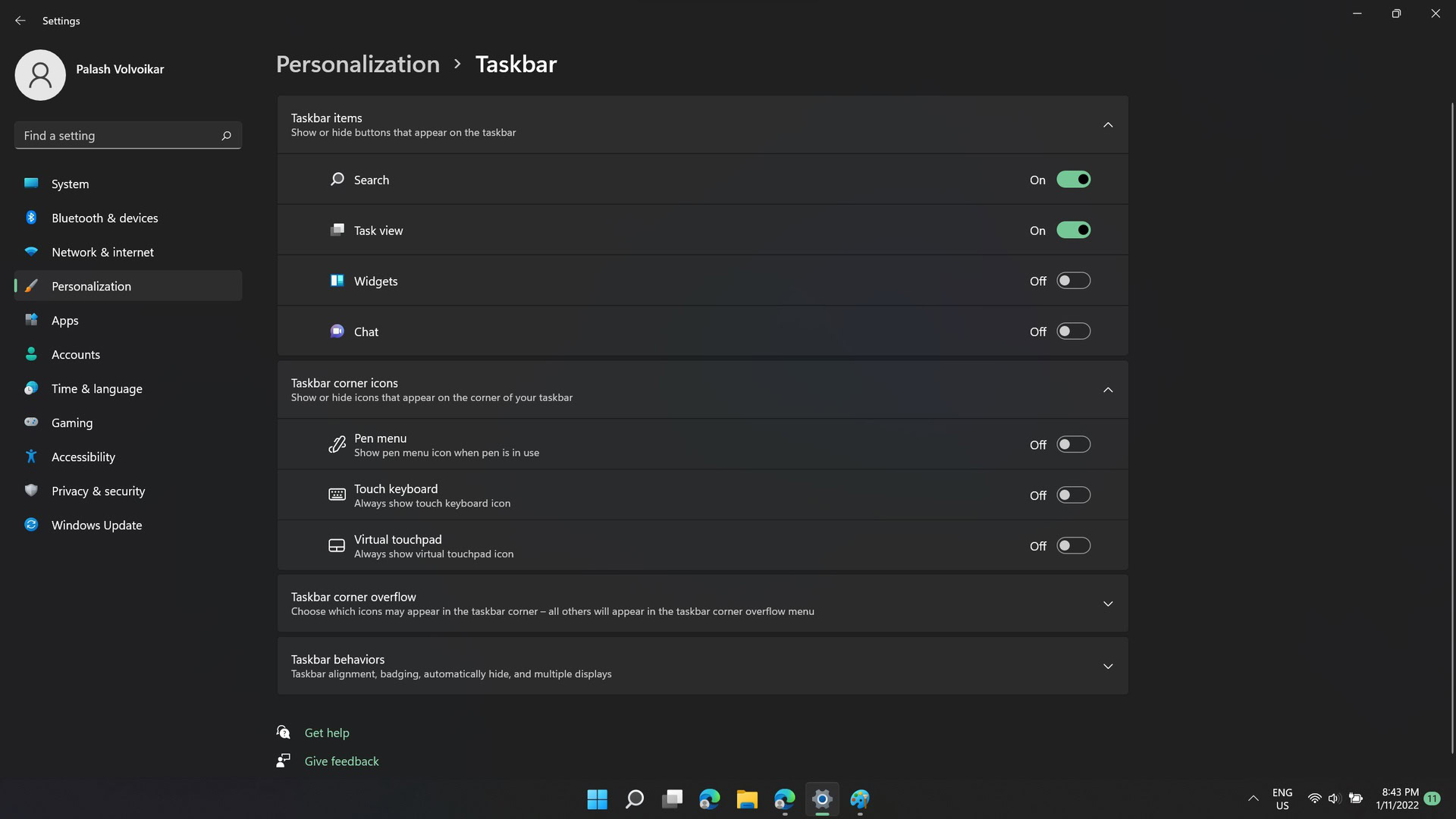 Windows 11 taskbar settings