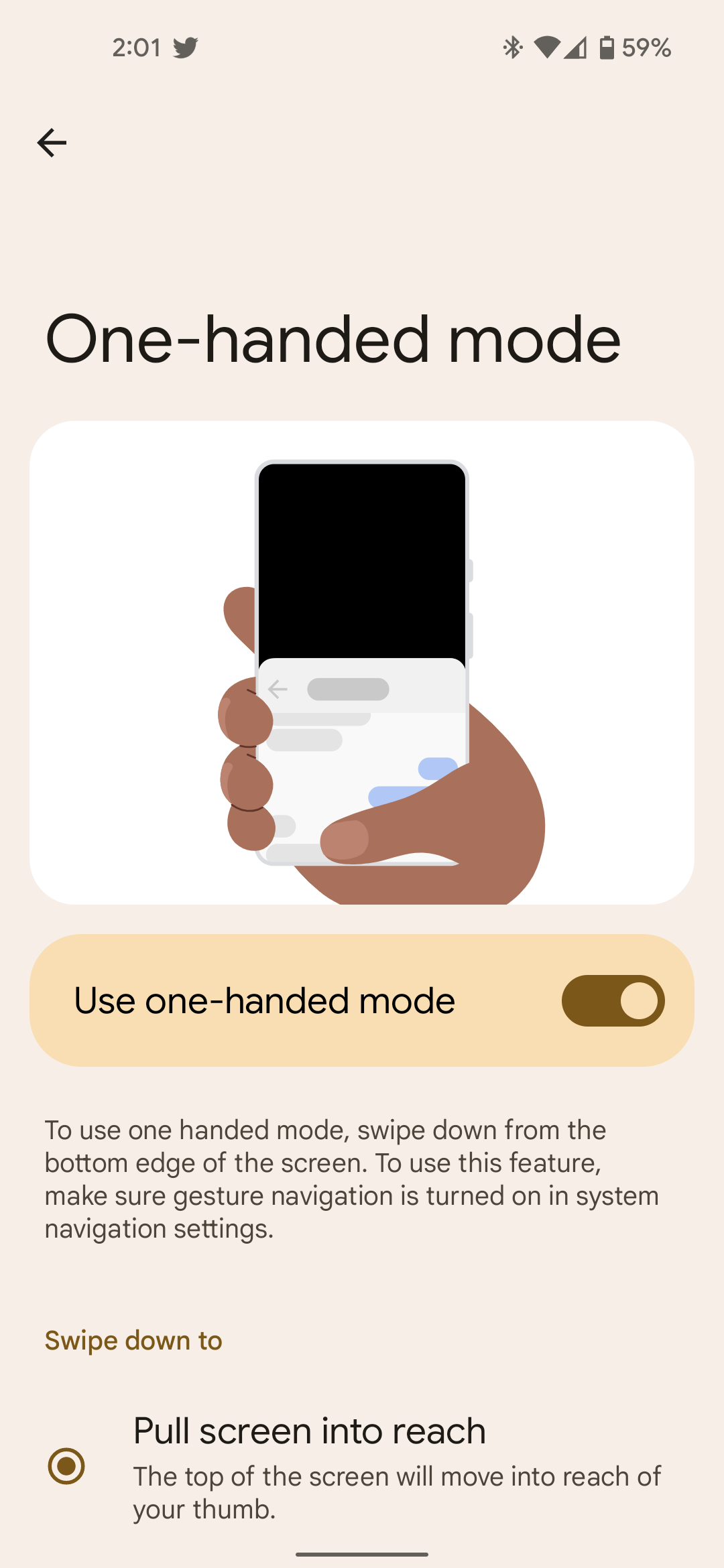 Pixel one-handed mode gesture setting