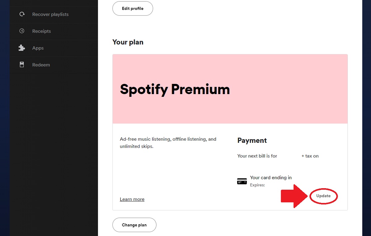 changing the payment method spotify screenshot