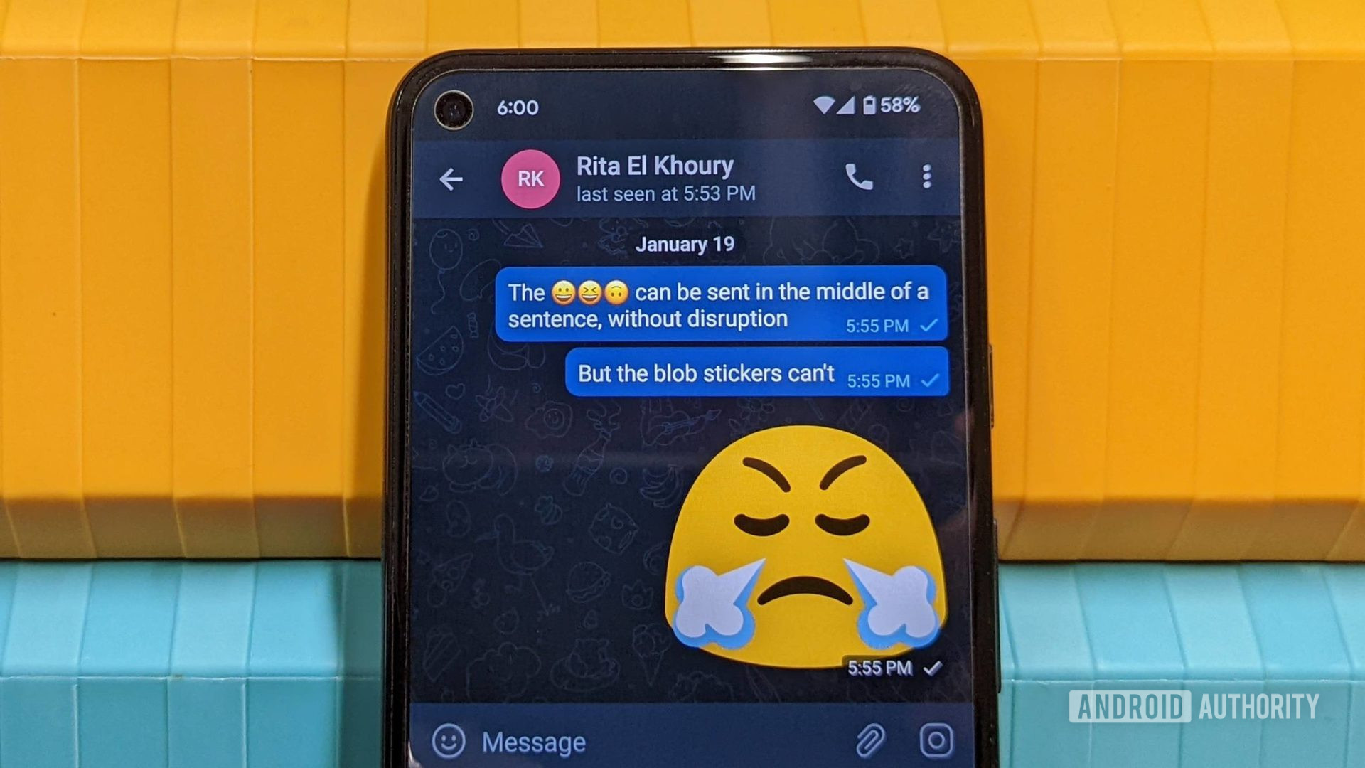 Telegram conversation showing differences between emojis and stickers